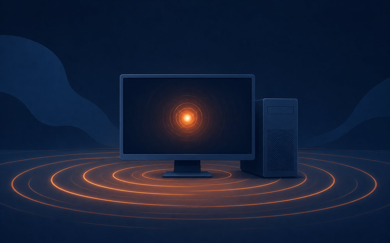 A desktop computer in a dark navy space, a small orb of light pulsing on its screen with orange power ripples spreading outward, flat vector illustration