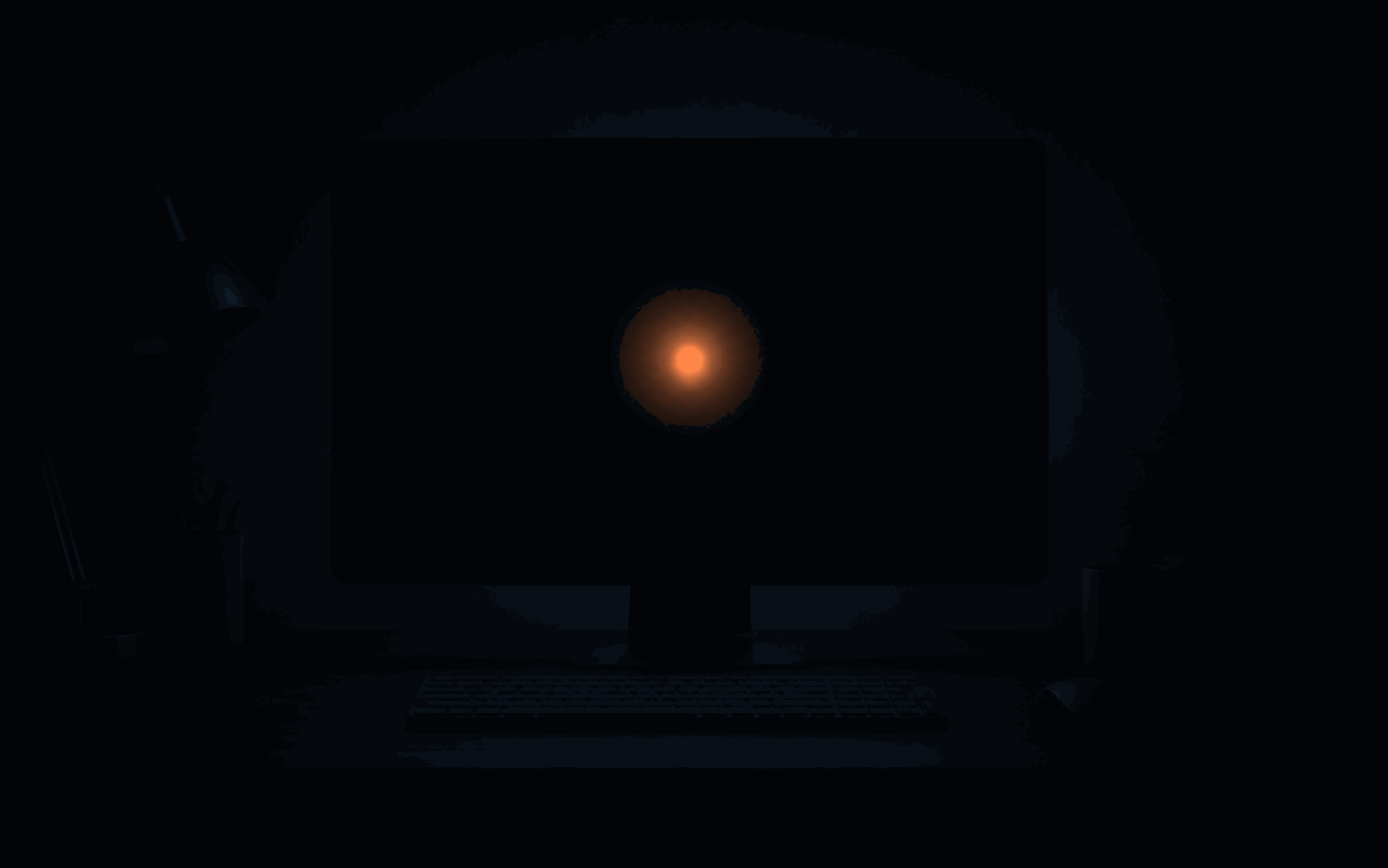 Flat vector illustration of a computer screen going dark in a dim room, leaving only a single orange warning light in the center, no text