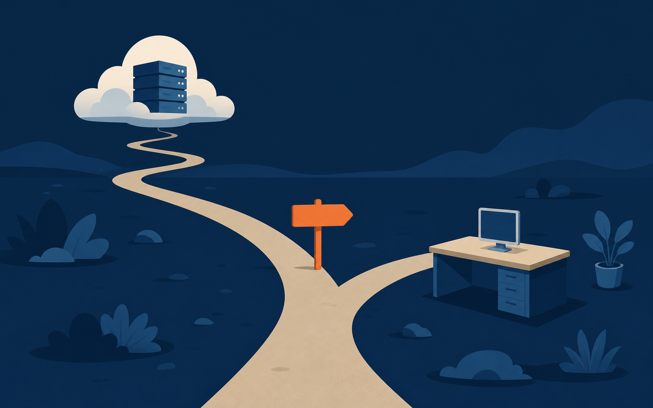 Flat vector illustration on a dark navy background of a road splitting in two, one end leading to a huge cloud floating in the distance (cloud servers), the other to a small computer on a desk, with an orange signpost at the fork, no text