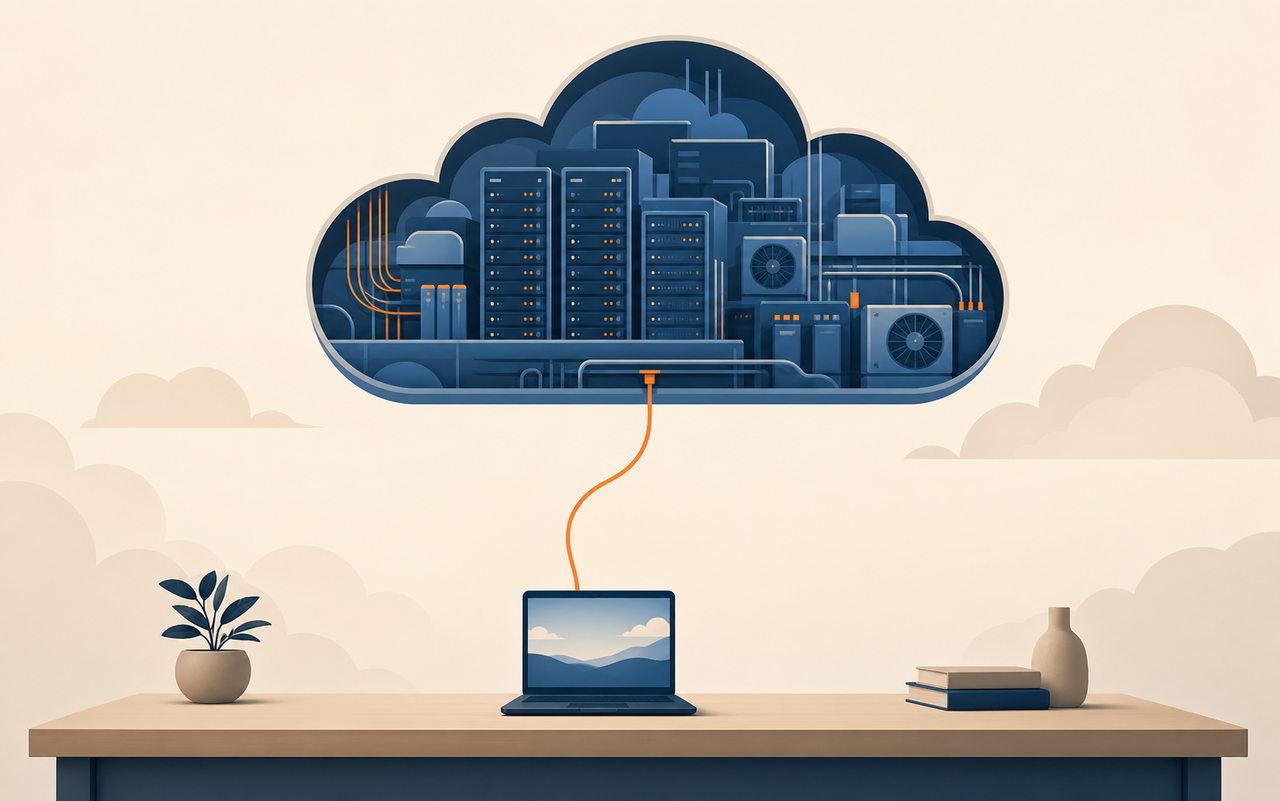 Flat vector illustration of a single small laptop with an orange line stretching upward to connect to a large server cloud floating in the distance, navy background, no text