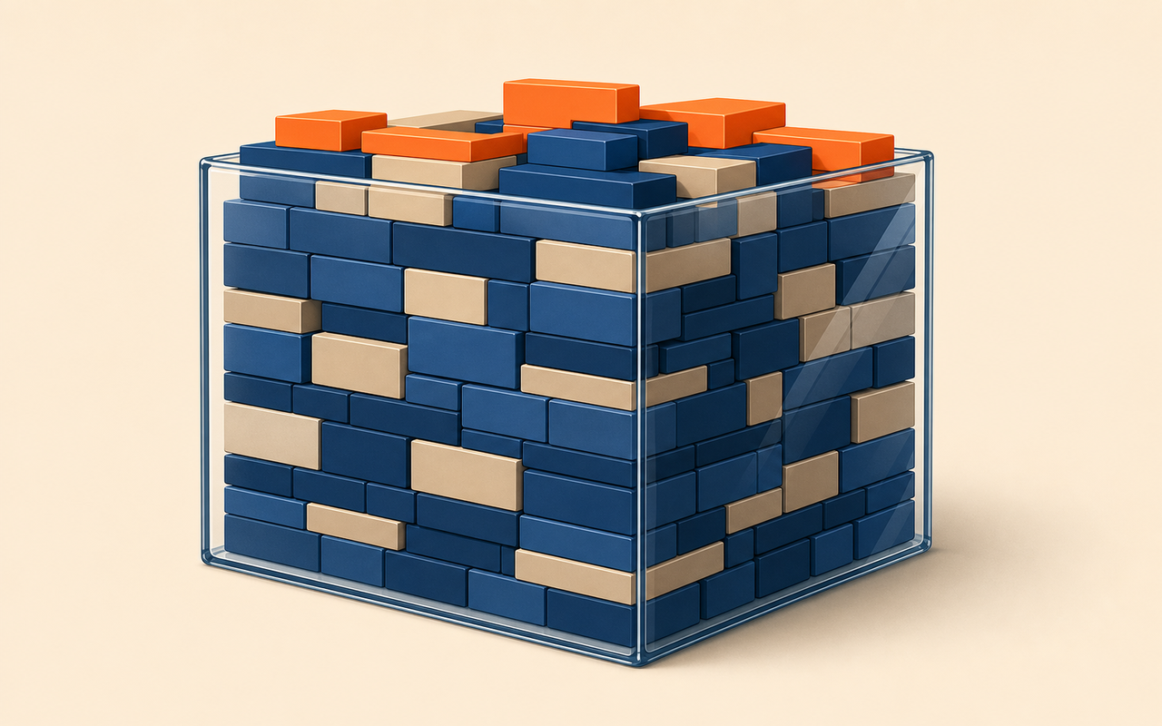 Flat vector illustration of a transparent box packed full of blocks representing a model, with the box shown about to overflow, highlighted in orange, navy background, no text