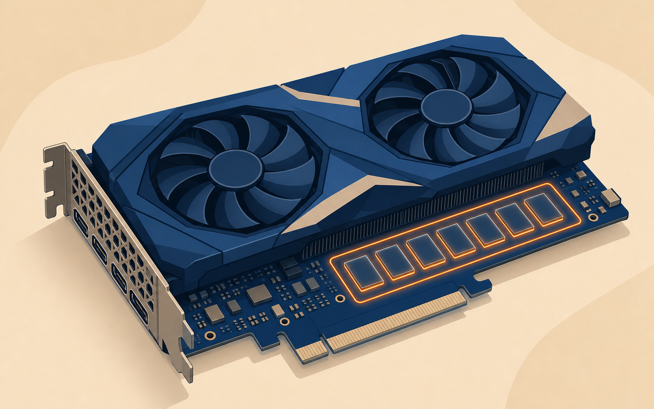 Flat vector illustration of one large graphics card at the center with several memory chips highlighted above it, orange accent, navy background, no text