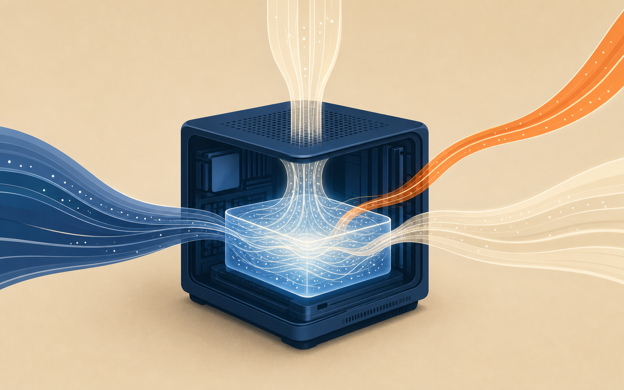 Flat vector illustration of a small cube-shaped Mac Studio-style computer with several beams of light converging into one large memory pool, orange accent, navy background, no text