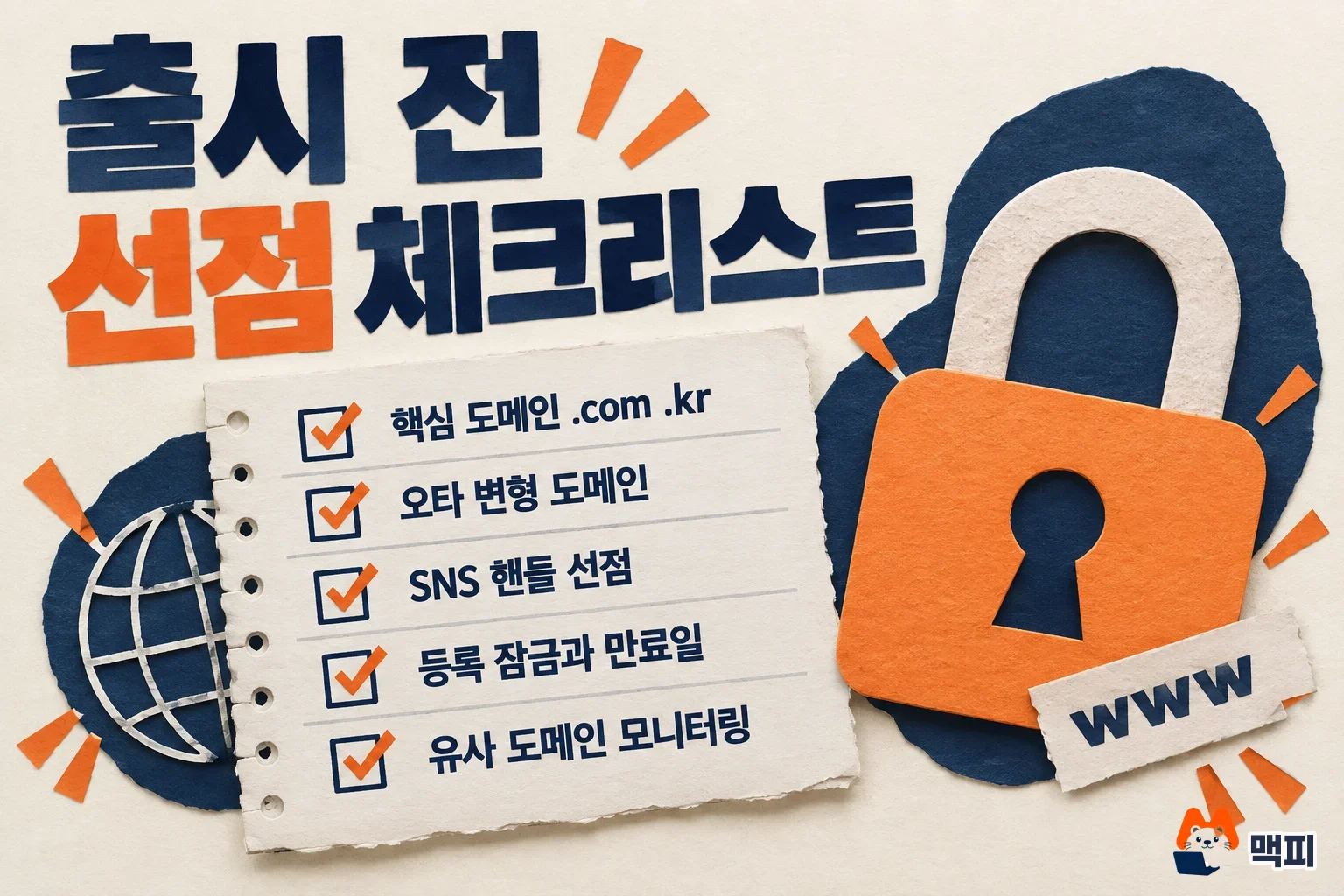 Pre-launch checklist diagram for brand domain preemption covering the core domain, typo variants, social handles, registration lock, and monitoring