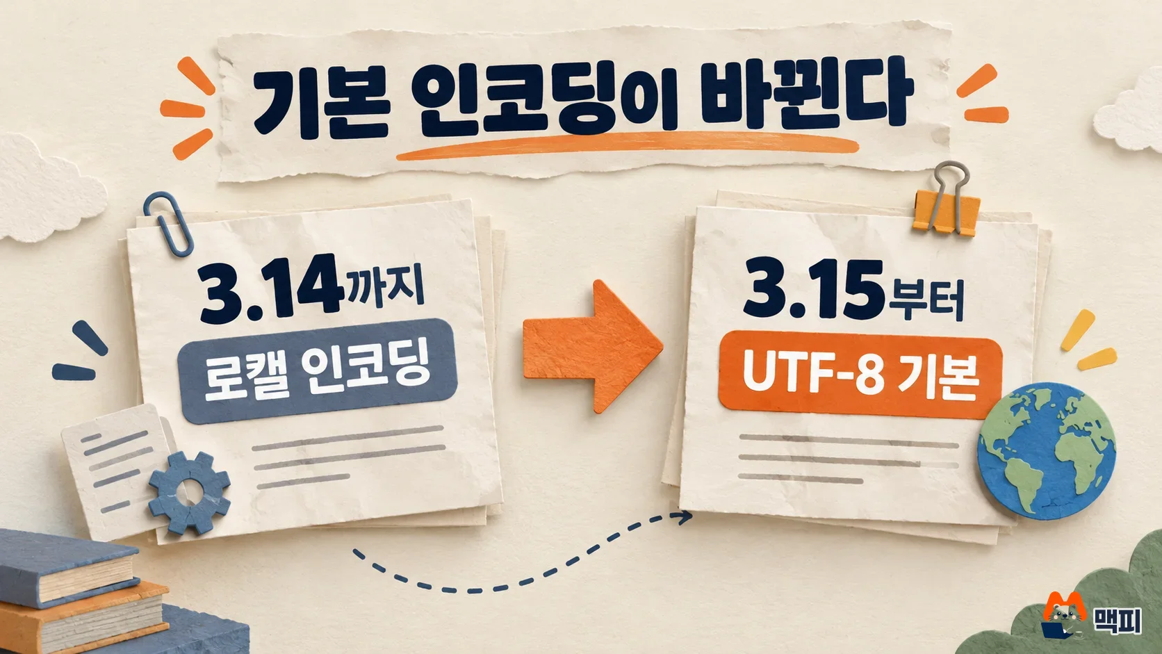 파이썬 3.15 기본 인코딩이 3.14까지의 로캘 인코딩에서 UTF-8로 바뀌는 것을 보여 주는 비교 도해