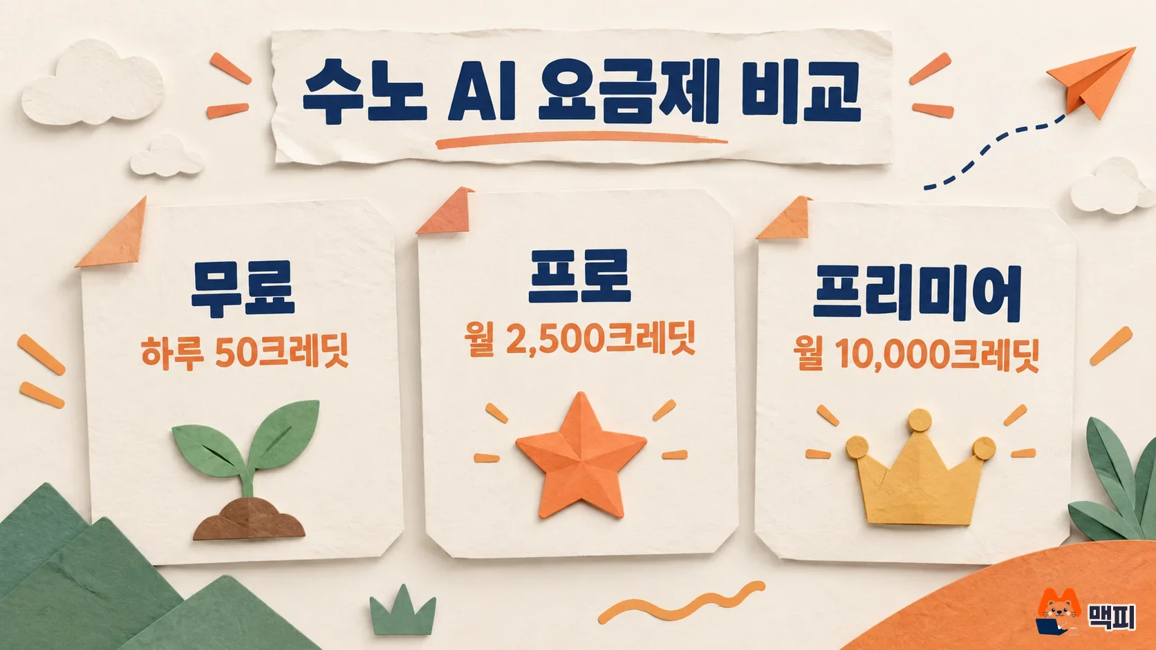수노 AI 요금제인 무료 하루 50크레딧, 프로 월 2,500크레딧, 프리미어 월 10,000크레딧을 비교한 도해