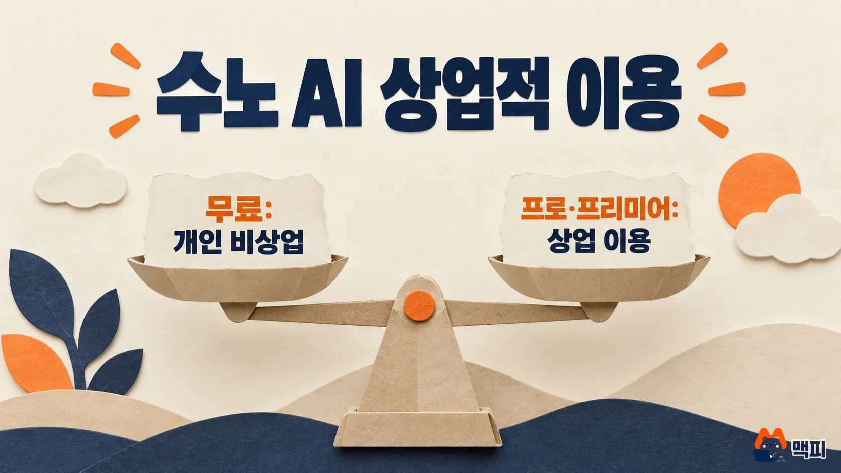 수노 AI 상업적 이용 규정에서 무료 플랜은 개인 비상업, 프로와 프리미어는 상업 이용 가능임을 저울로 비교한 도해