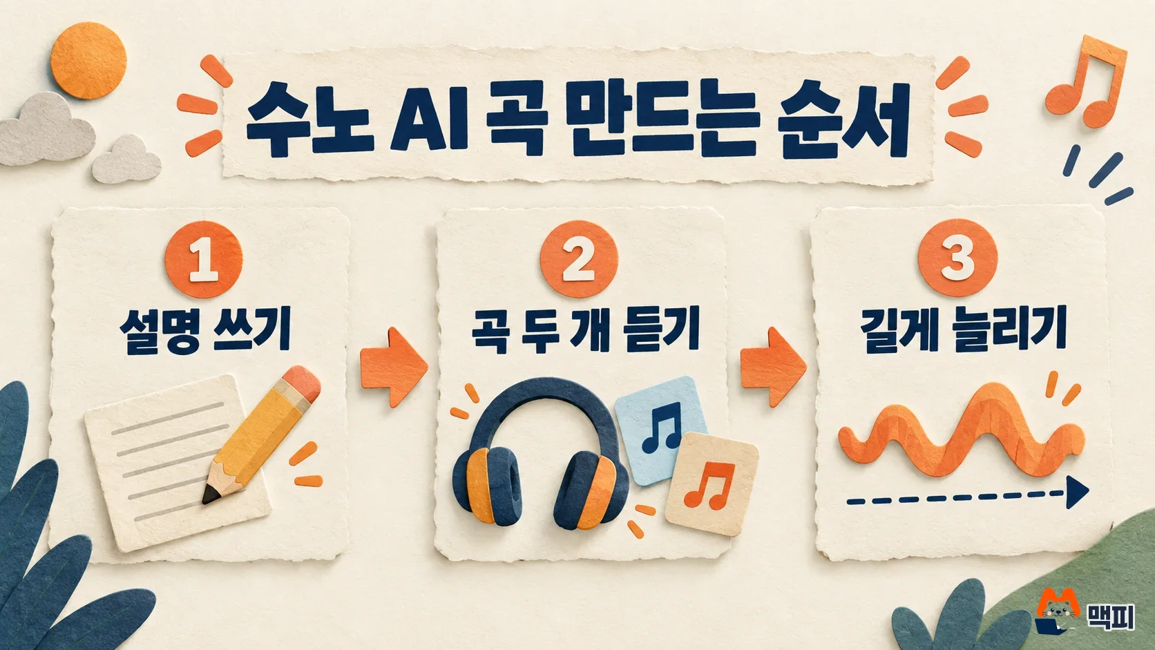 수노 AI 사용법의 세 단계인 설명 쓰기, 곡 두 개 듣기, 길게 늘리기를 이어서 보여 주는 도해