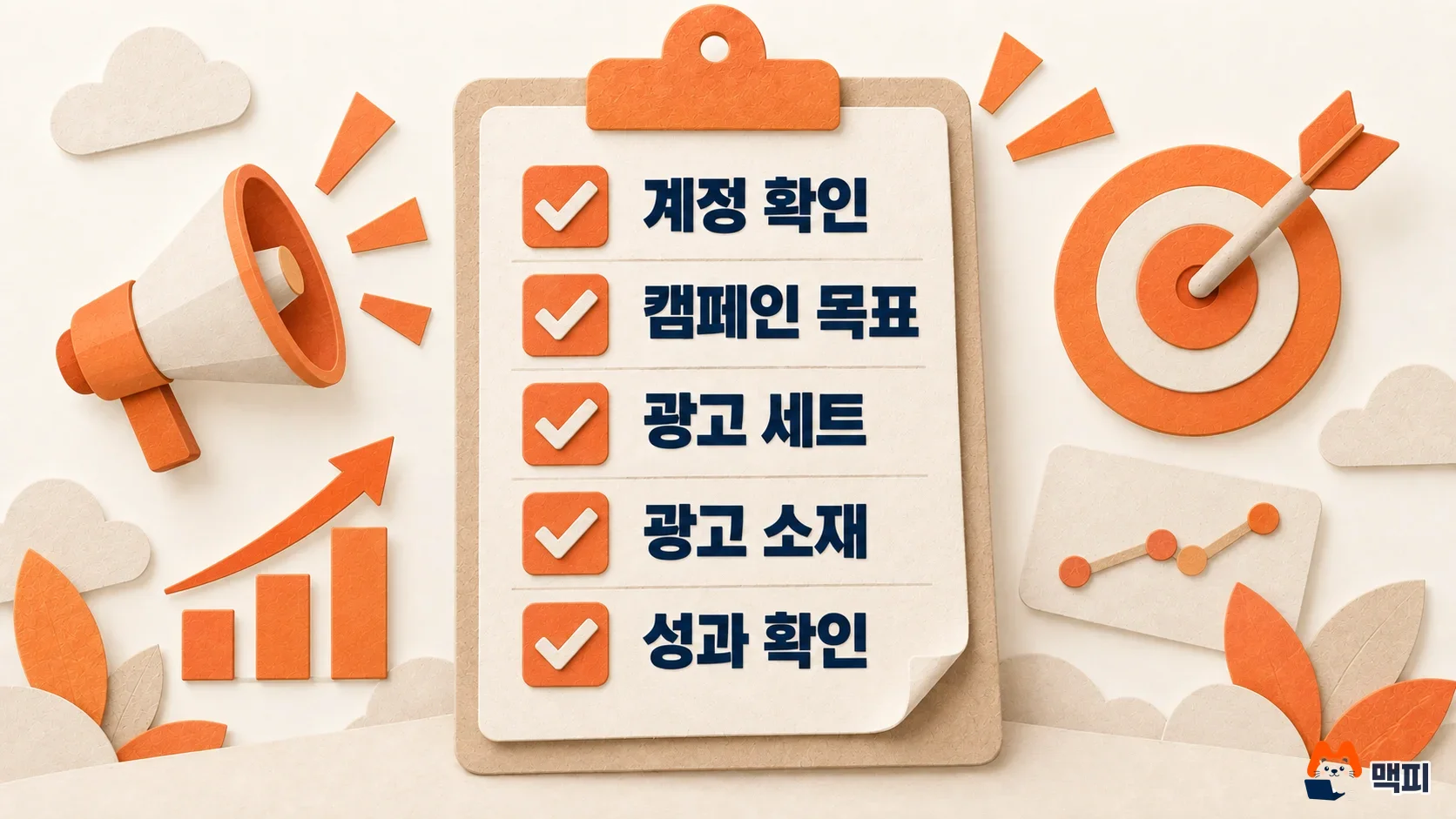 Checklist diagram for first-time use of Meta Ads Manager: confirm the ad account, set the campaign objective, configure the ad set, add the creative, check results
