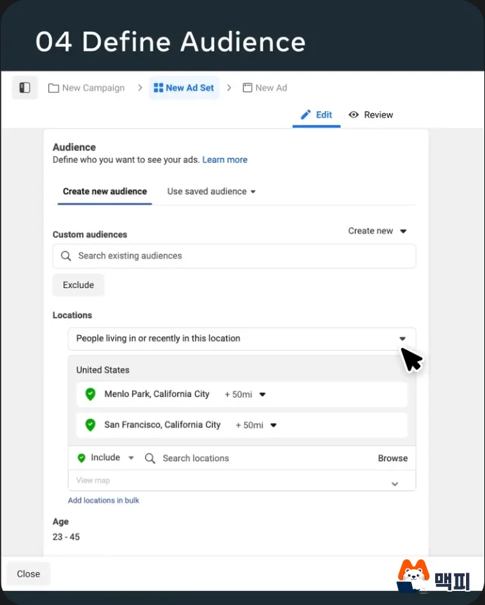 Meta Ads Manager ad set creation screen. Audience settings fields for custom audience, location, and age are visible
