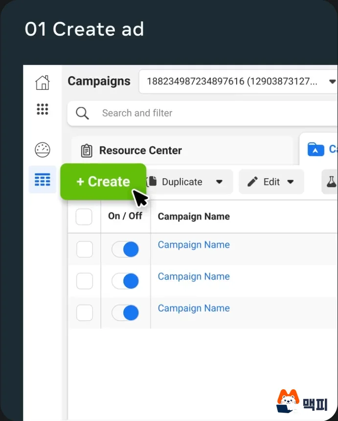 Meta Ads Manager campaigns screen. A list shows campaign names with on/off toggles, plus Create, Duplicate, and Edit buttons