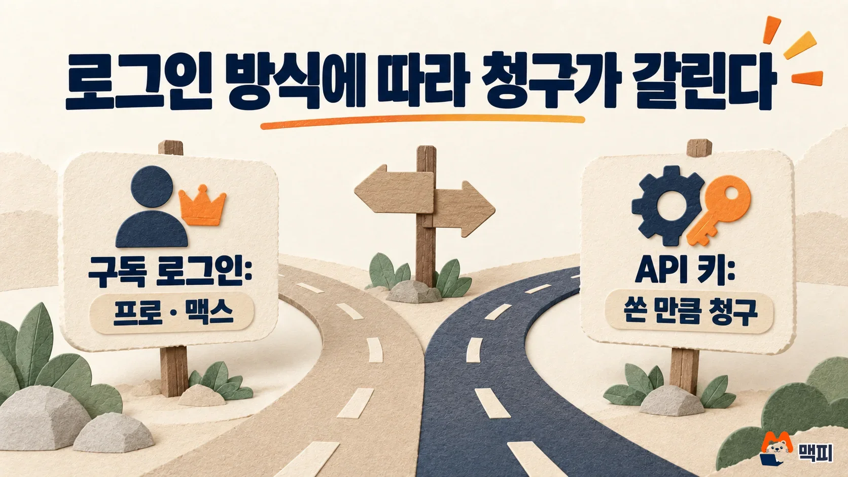 Illustration of a fork in the road where billing differs between using Claude Code with a subscription login and with an API key.