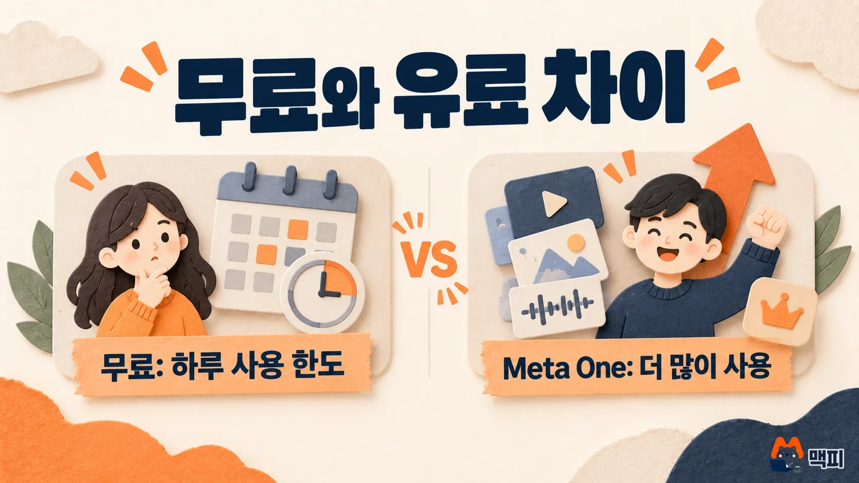 인스타 AI 어시스턴트를 하루 사용 한도 안에서 무료로 쓰는 경우와 Meta One으로 더 많이 쓰는 경우를 비교한 도해