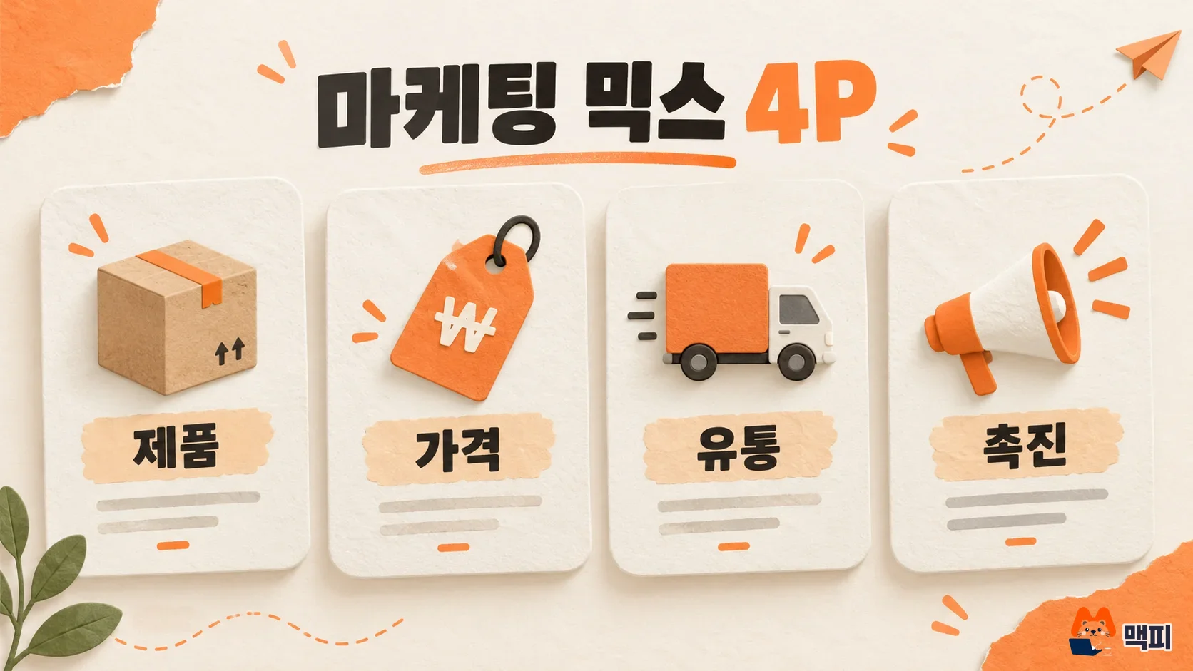 Diagram splitting the 4P marketing mix of product, price, place and promotion into four cards