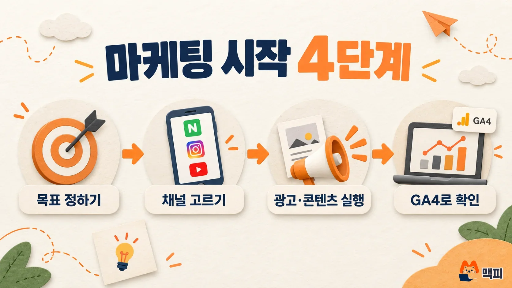 Flow chart of the 4 steps to start marketing: set a goal, choose a channel, run ads and content, and check in GA4