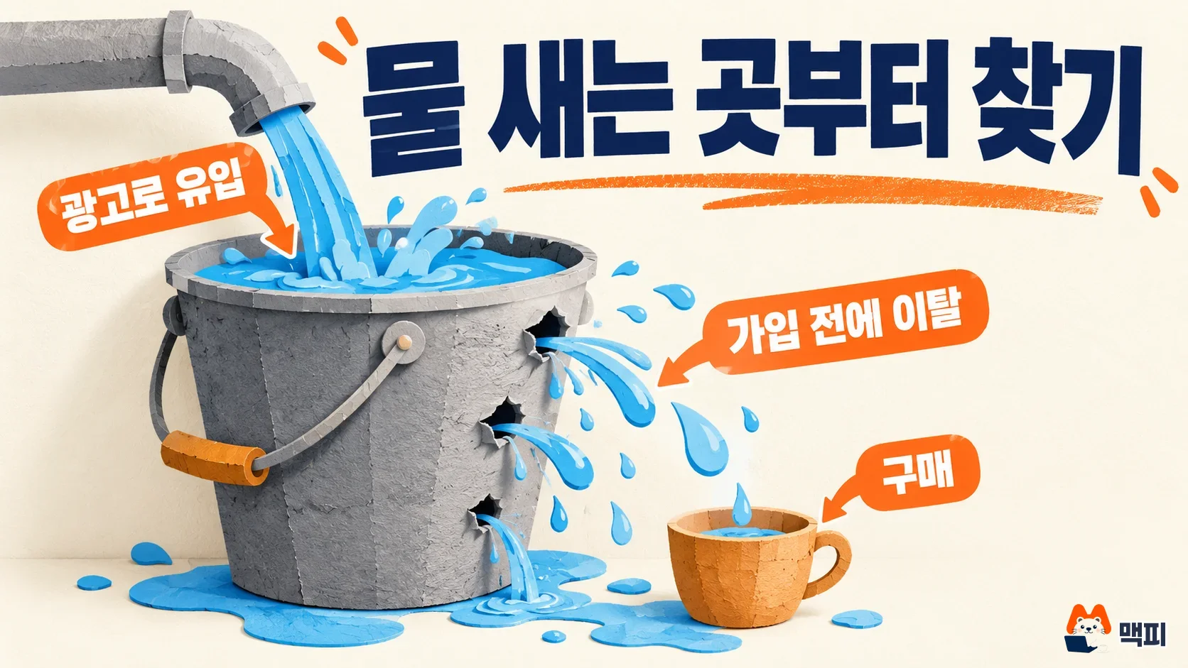 그로스 해킹 뜻을 물 새는 양동이에 비유해 광고 유입보다 단계별 이탈 구간을 먼저 찾는다고 보여 주는 도해
