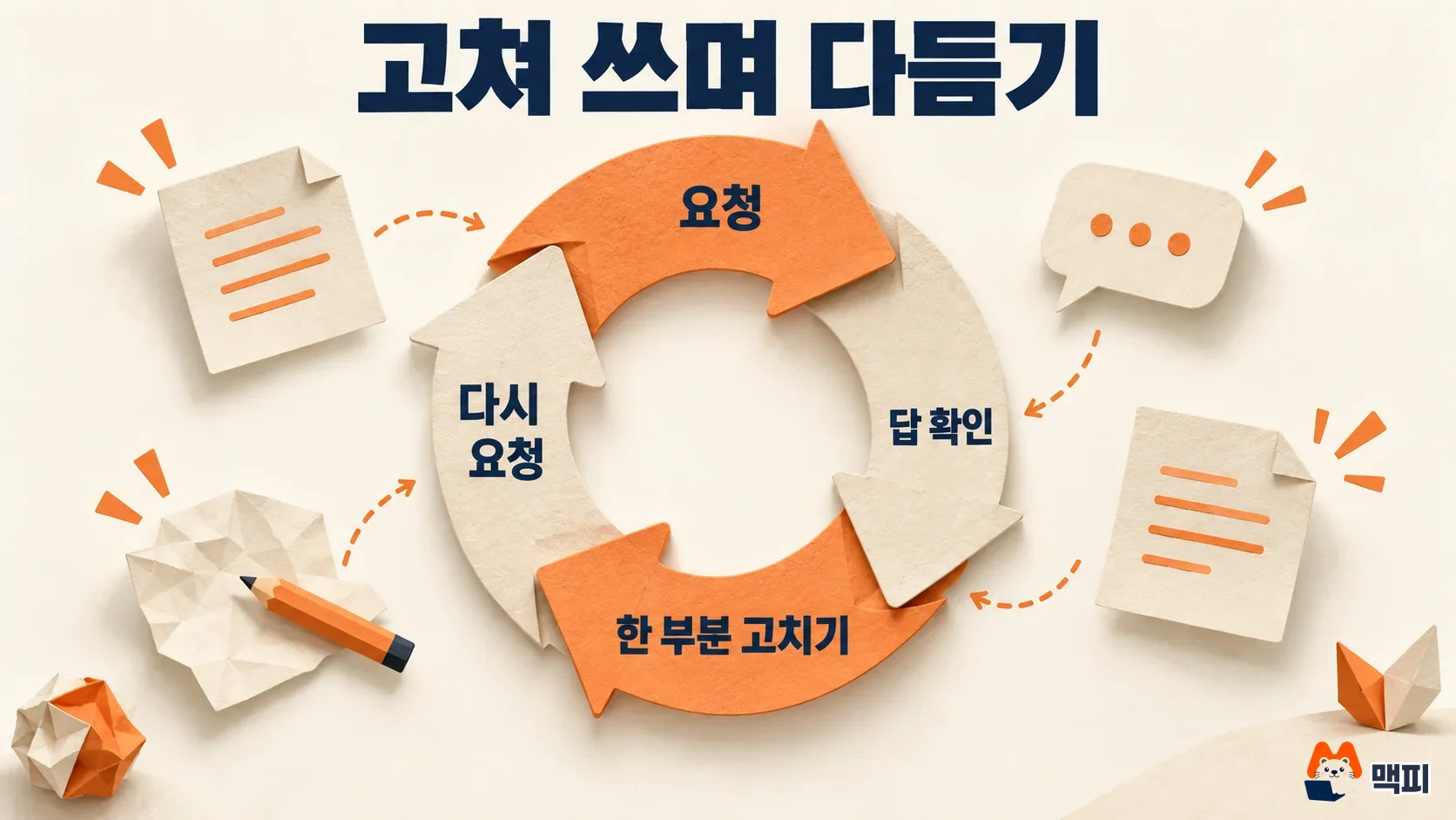 Cycle diagram of rewriting a ChatGPT prompt: request, check the answer, fix one part, request again