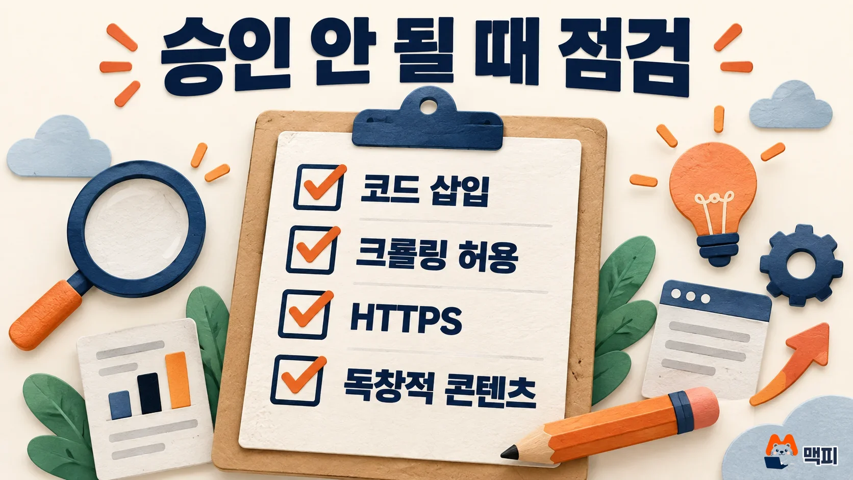Checklist of what to verify when AdSense approval fails: code placement, crawling access, HTTPS, original content