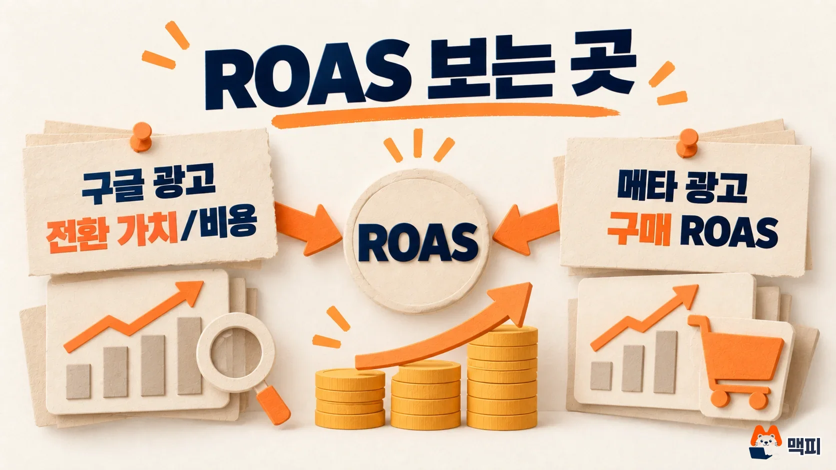 ROAS 뜻 확인 위치: 구글 광고의 전환 가치/비용 열과 메타 광고 관리자의 구매 ROAS 항목 비교