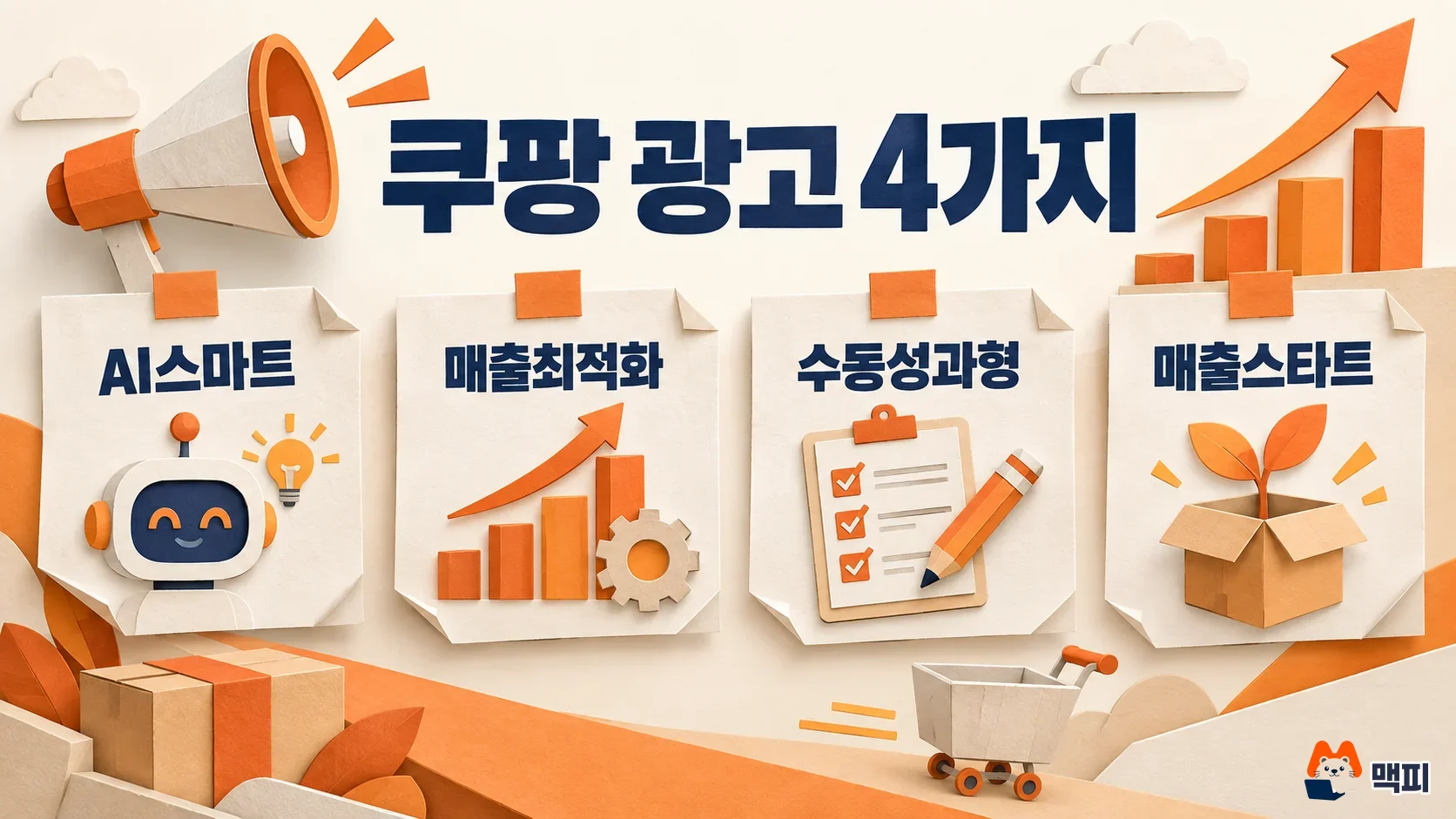 Diagram comparing the four Coupang ad types side by side: AI Smart, Sales Optimization, Manual Performance, and Sales Start