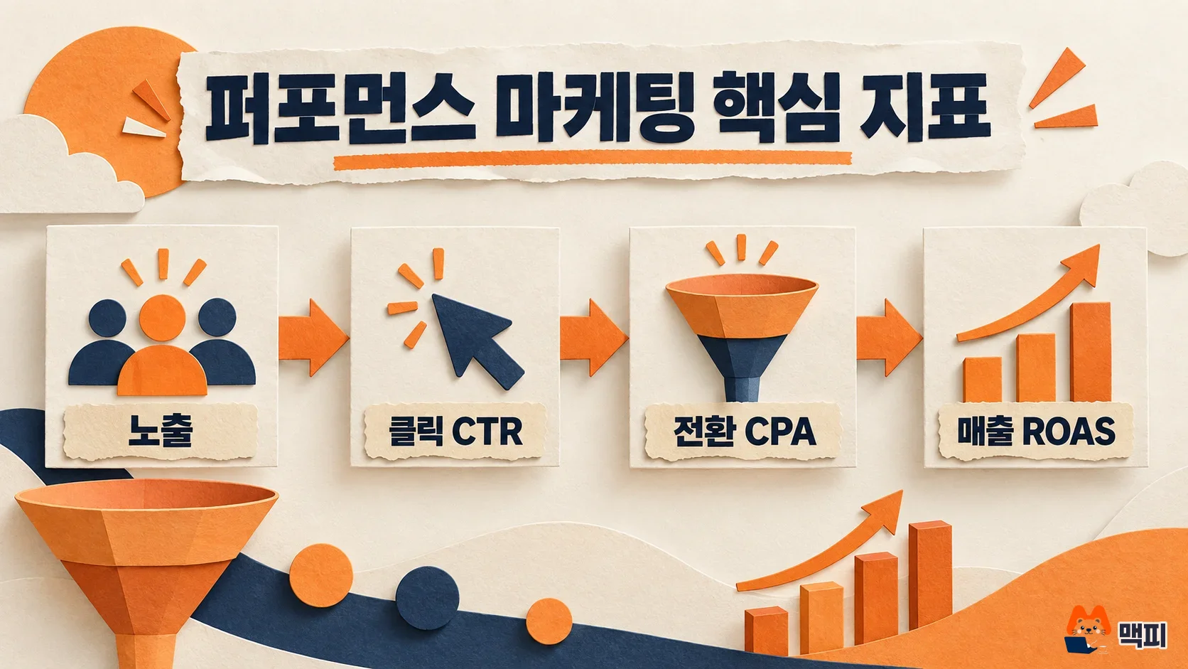 퍼포먼스 마케팅 핵심 지표인 노출, 클릭 CTR, 전환 CPA, 매출 ROAS의 흐름을 보여 주는 도해