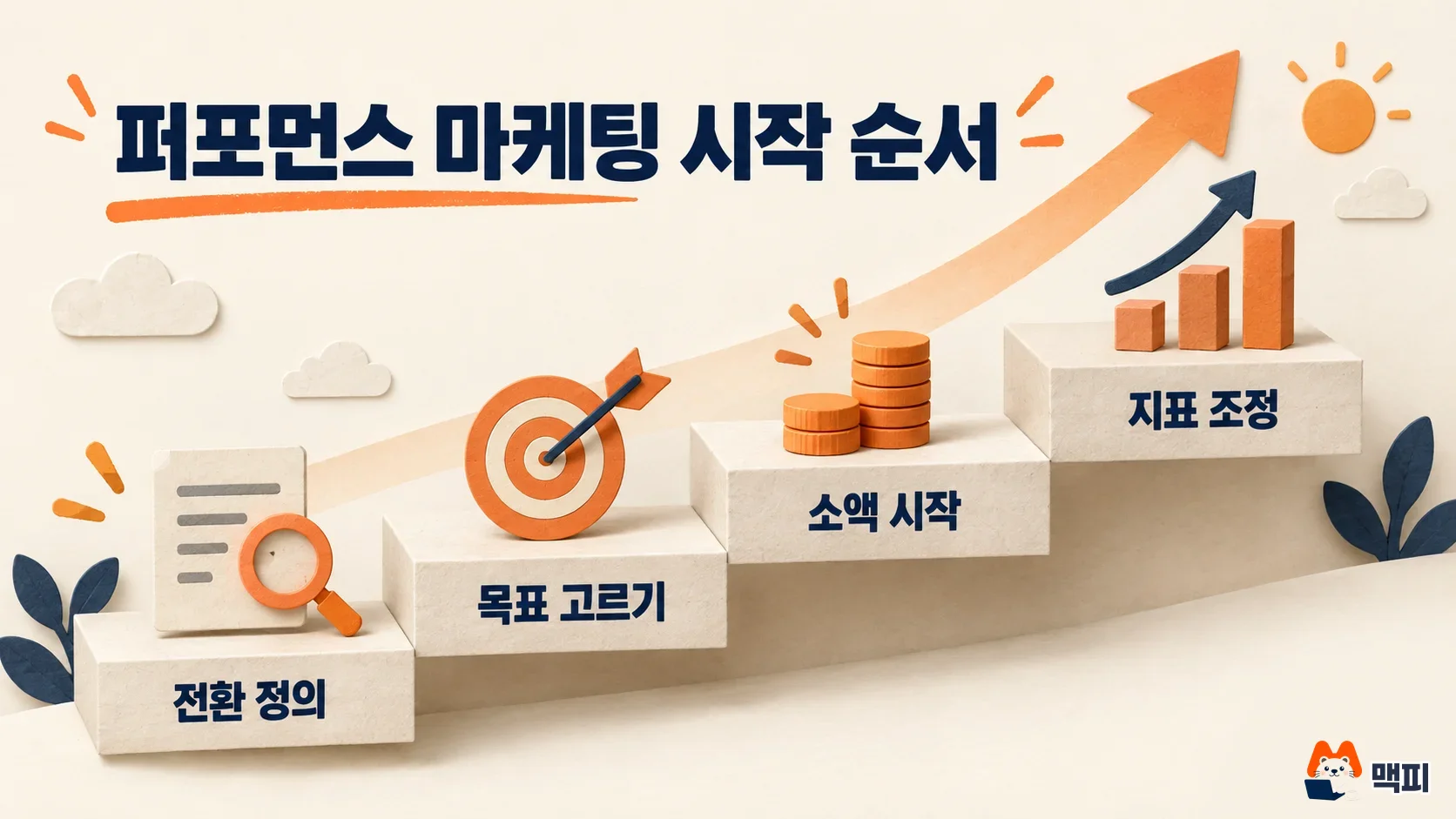 퍼포먼스 마케팅 시작 순서인 전환 정의, 목표 고르기, 소액 시작, 지표 조정을 보여 주는 4단계 계단 도해