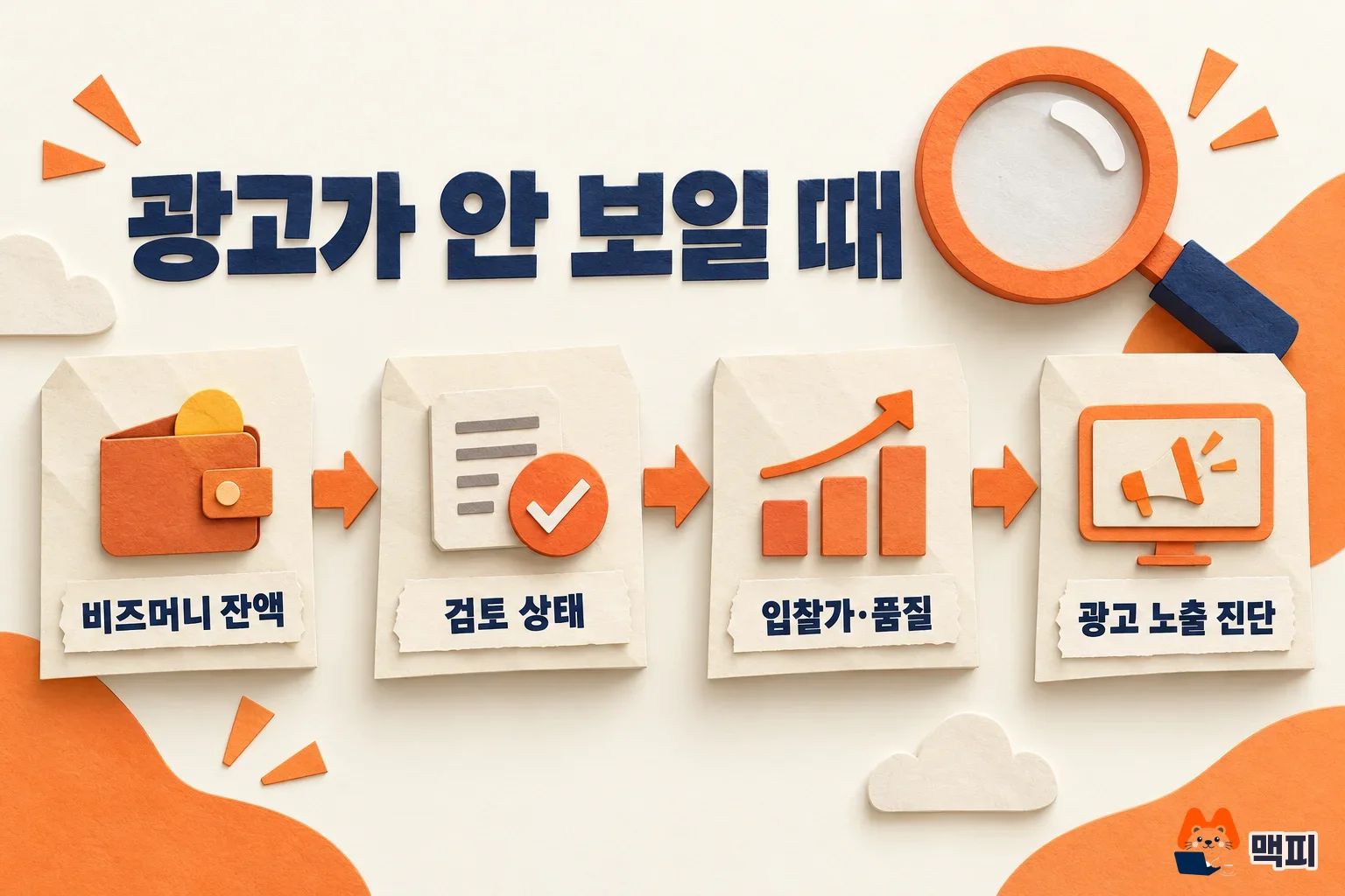Flowchart for checking why Naver Shopping Search Ads are not showing: Biz Money, review status, bid and quality index, then ad exposure diagnosis