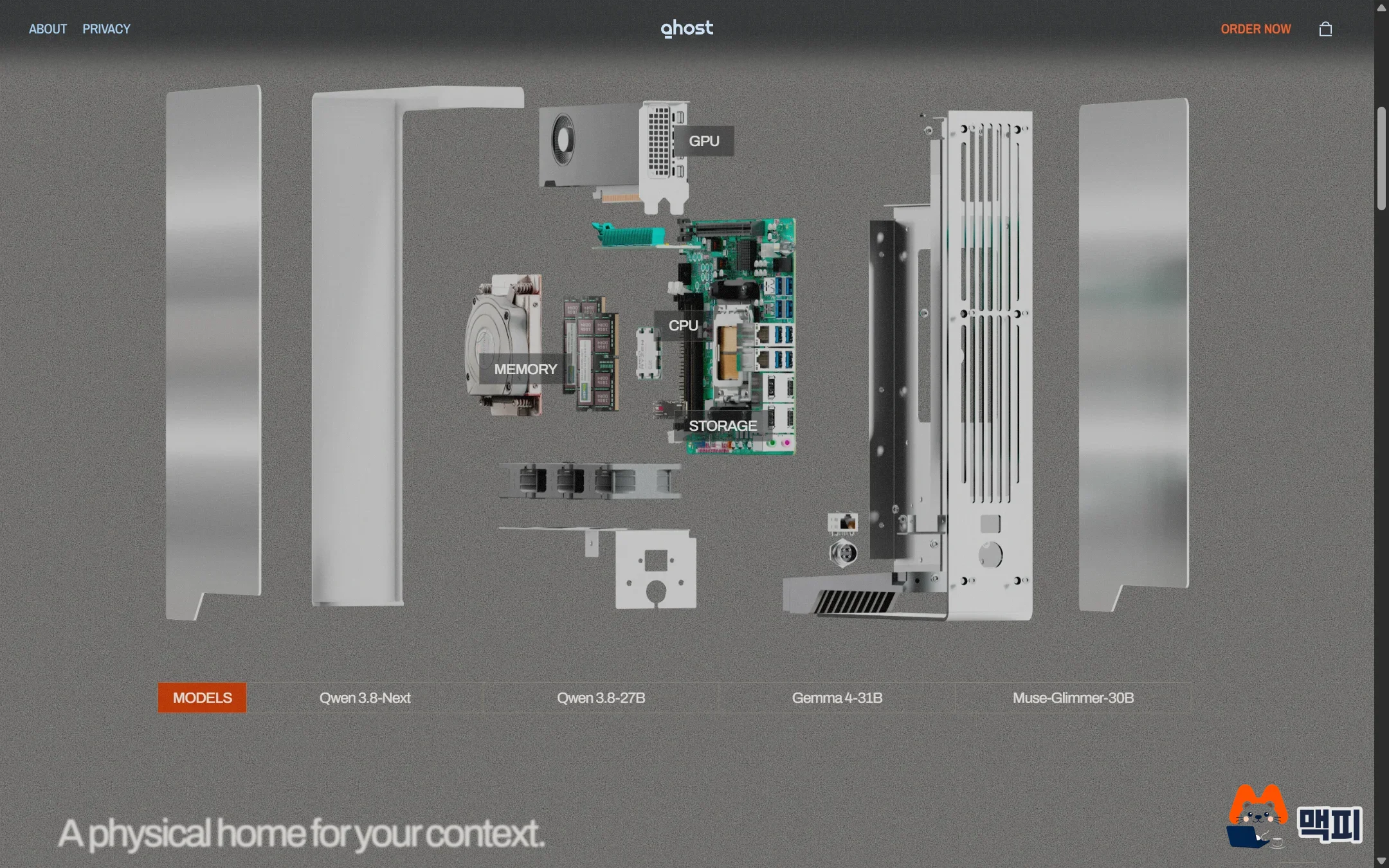 Official exploded view showing the GPU, CPU, memory and storage inside Ghost Core, plus the list of default models