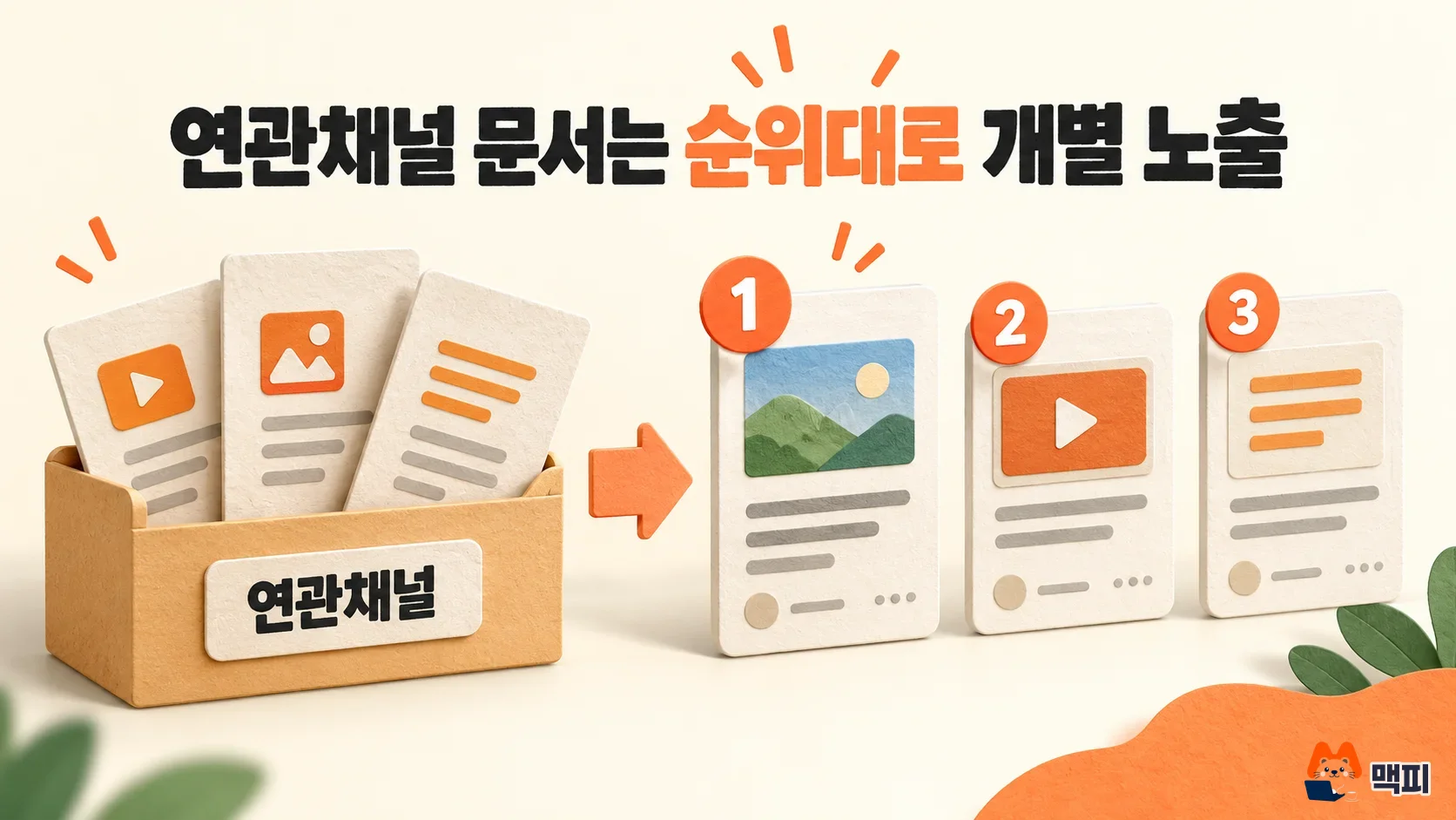 네이버 검색 연관채널 문서가 검색 순위에 따라 개별 검색결과로 노출되는 구조를 나타낸 그림