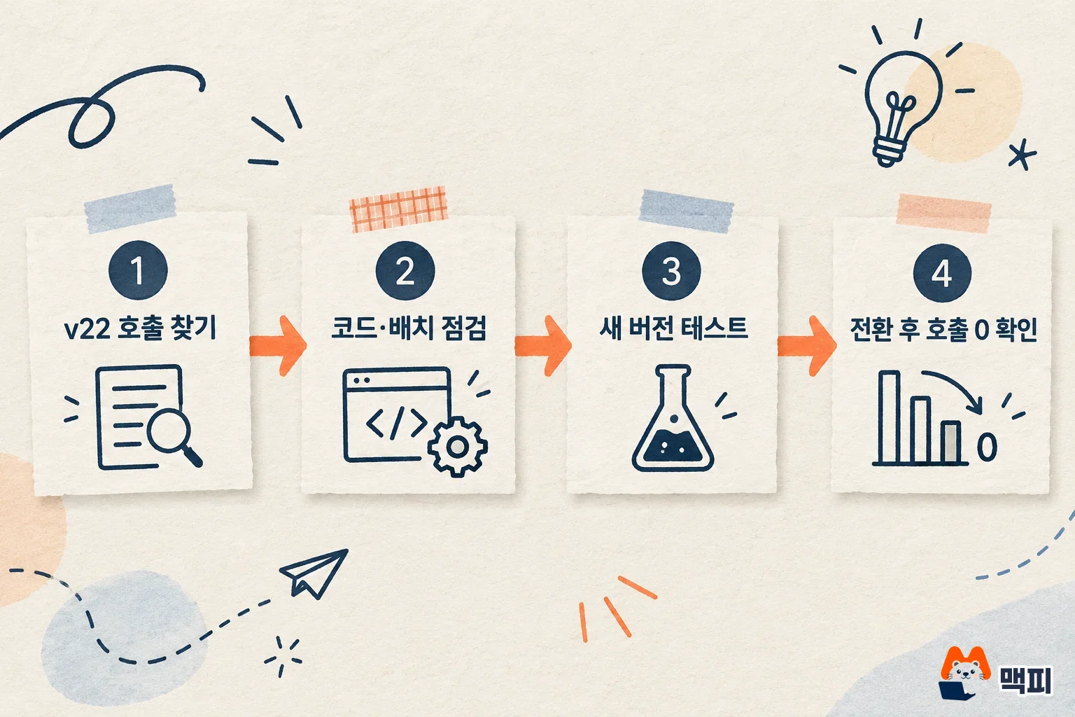 Diagram of the four check steps before the Google Ads API v22 sunset, from finding calls to verifying after migration