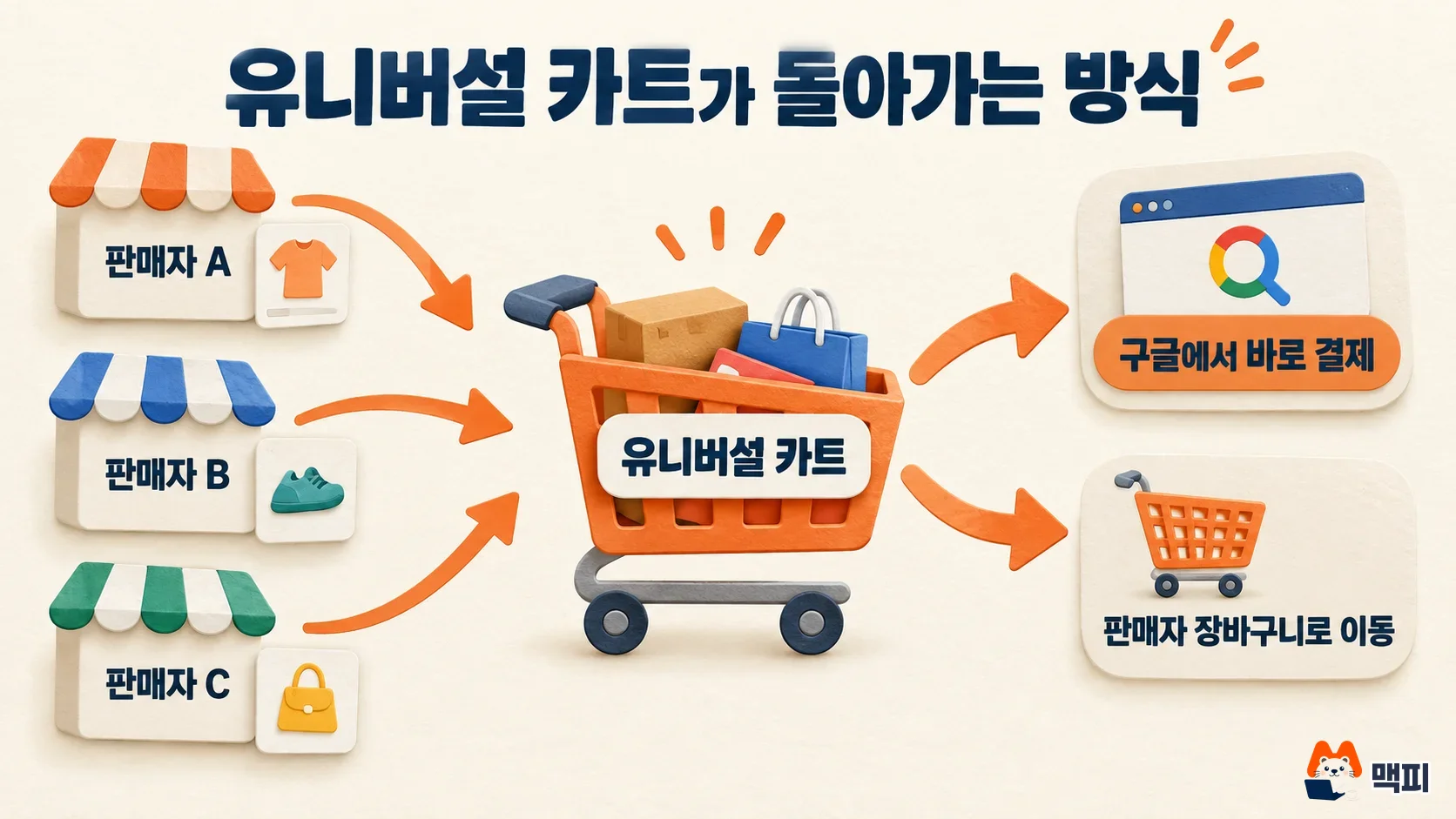 구글 유니버설 카트가 여러 판매자 상품을 한 카트에 모아 구글에서 바로 결제하거나 판매자 장바구니로 이동시키는 방식을 보여주는 도해