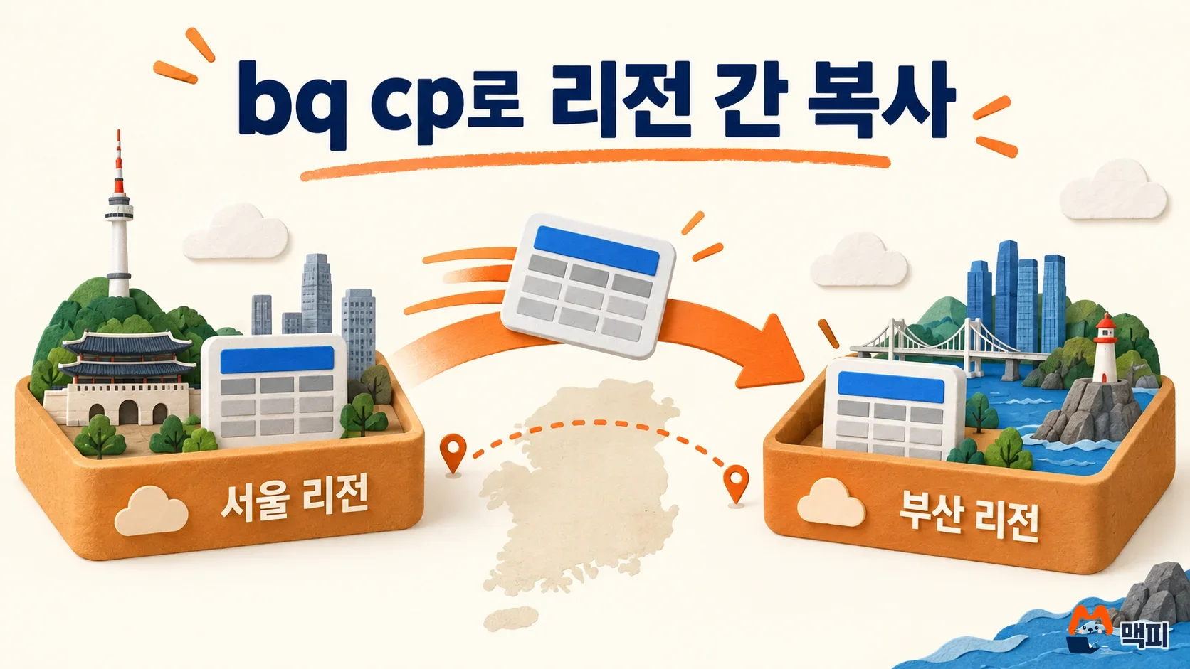 Diagram of BigQuery cross-region table copy moving a table from the Seoul region to another region with bq cp