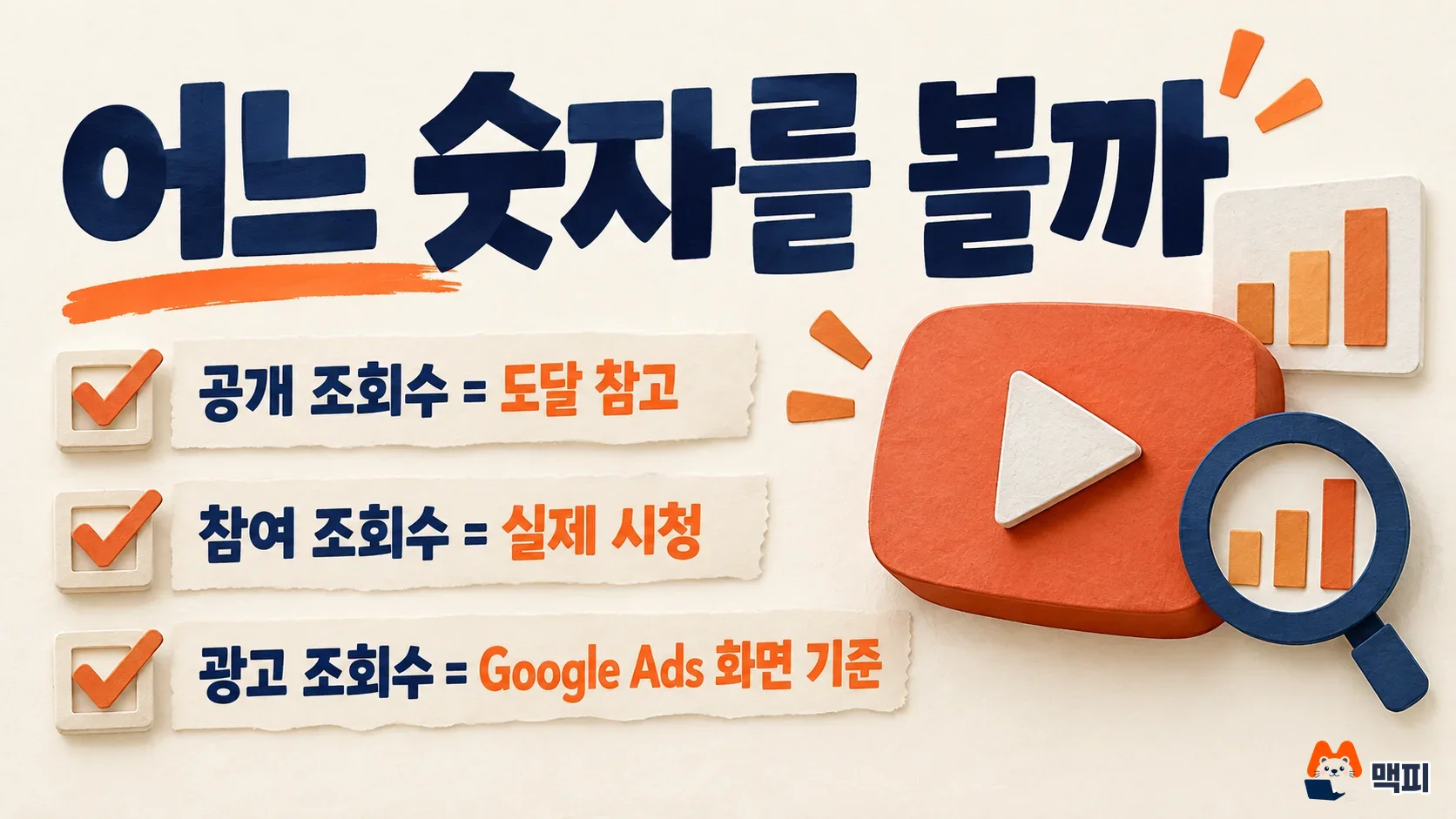 Checklist diagram after the YouTube view count change: public views as a reach reference, engaged views as actual viewing, and ad views based on the Google Ads screen