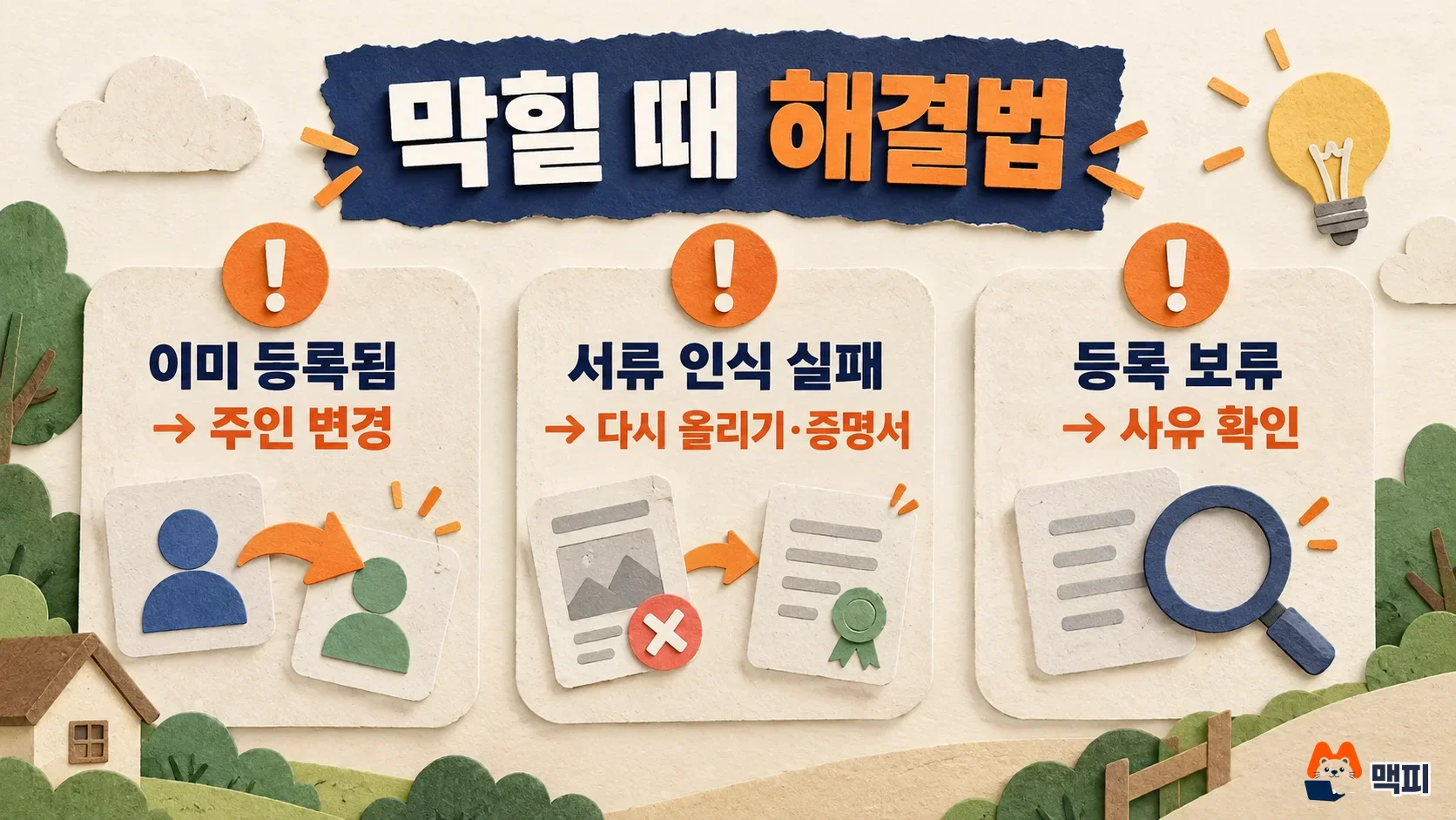 Illustration comparing fixes for Naver Place registration problems: duplicate business, document recognition failure, and registration on hold