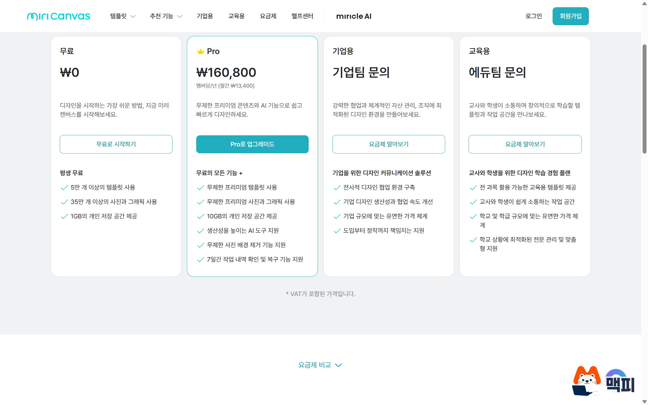 Screenshot of the Miri Canvas pricing page showing the Free, Pro, Enterprise and Education plan cards side by side
