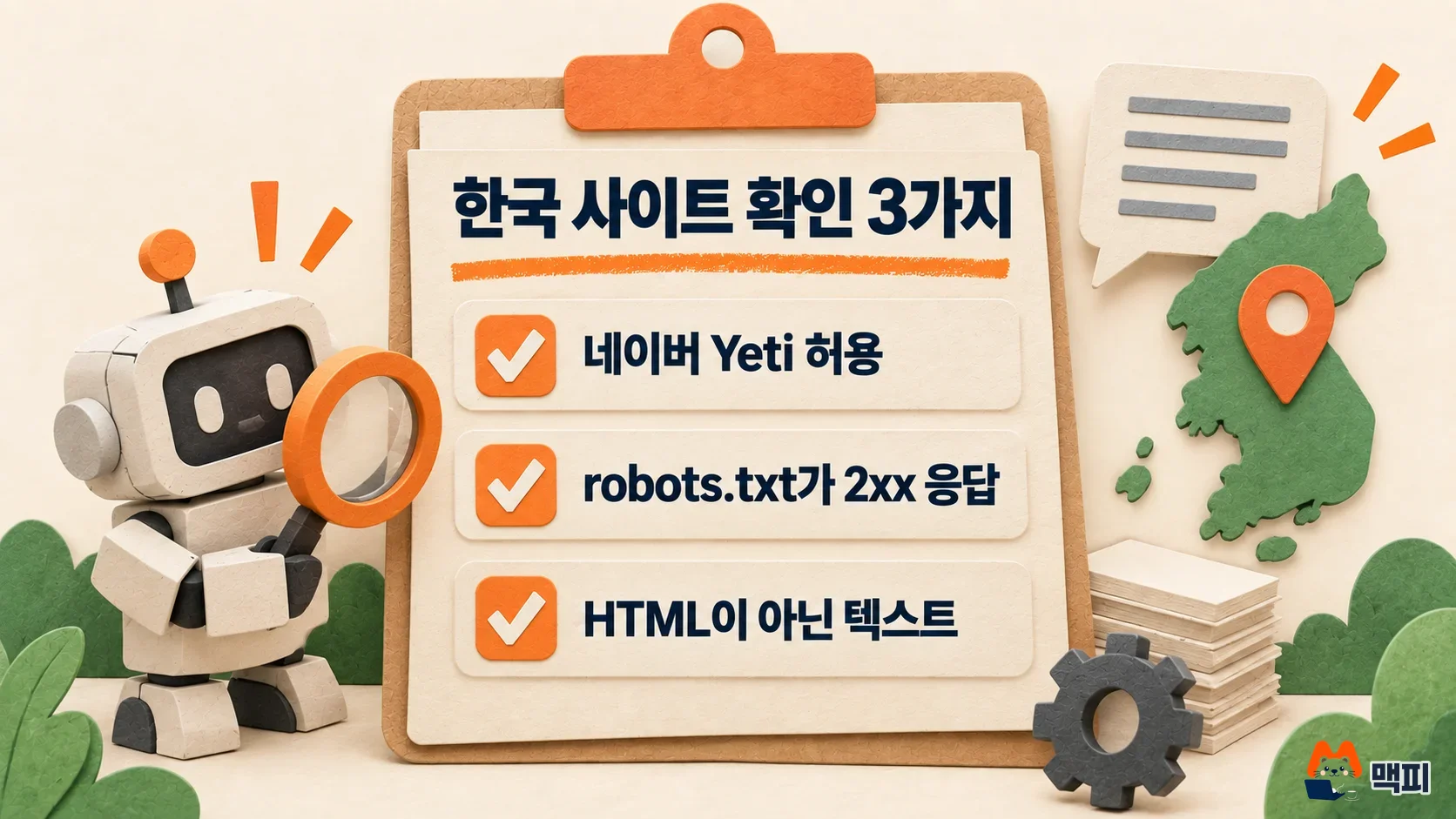 AI 검색 최적화 전에 한국 사이트가 확인할 네이버 Yeti 허용, robots.txt 2xx 응답, 텍스트 형식 세 가지 체크리스트