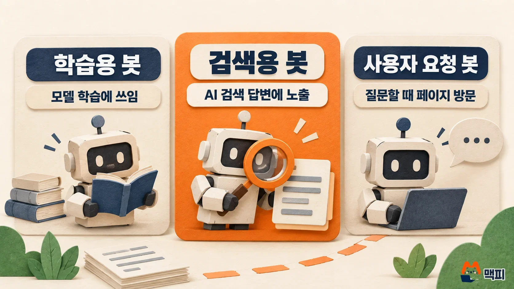 AI 검색 최적화에서 구분해야 하는 학습용 봇, 검색용 봇, 사용자 요청 봇 세 종류를 비교한 도해
