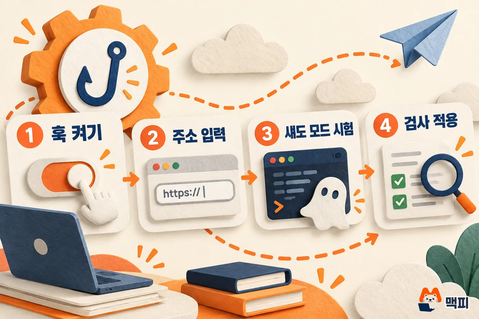 클로드 인퍼런스 훅 설정 순서: 훅 켜기, 주소 입력, 섀도 모드 시험, 검사 적용 4단계