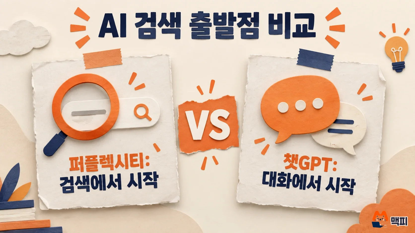 퍼플렉시티와 챗GPT 검색을 검색에서 시작하는 방식과 대화에서 시작하는 방식으로 비교한 도해