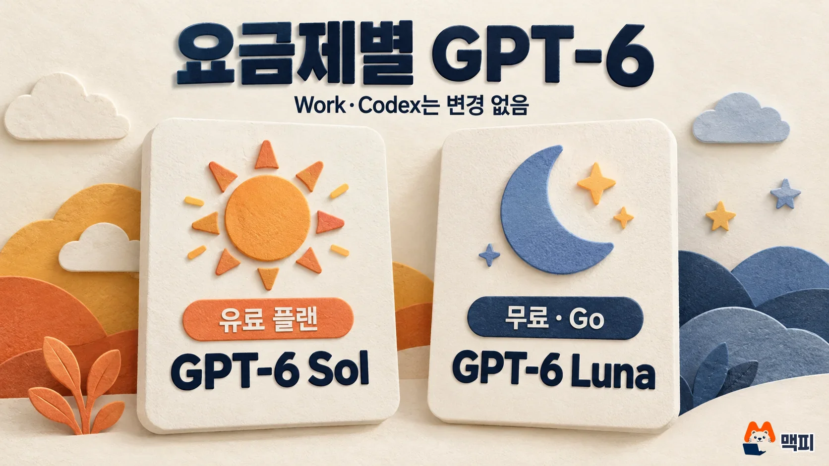 챗GPT GPT-6 요금제별 적용 모델을 유료 플랜 Sol과 무료·Go Luna로 나눈 비교 도해