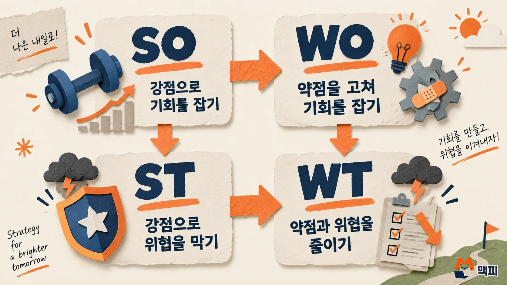 SWOT 분석의 SO, WO, ST, WT 교차 전략 네 가지를 보여 주는 도해