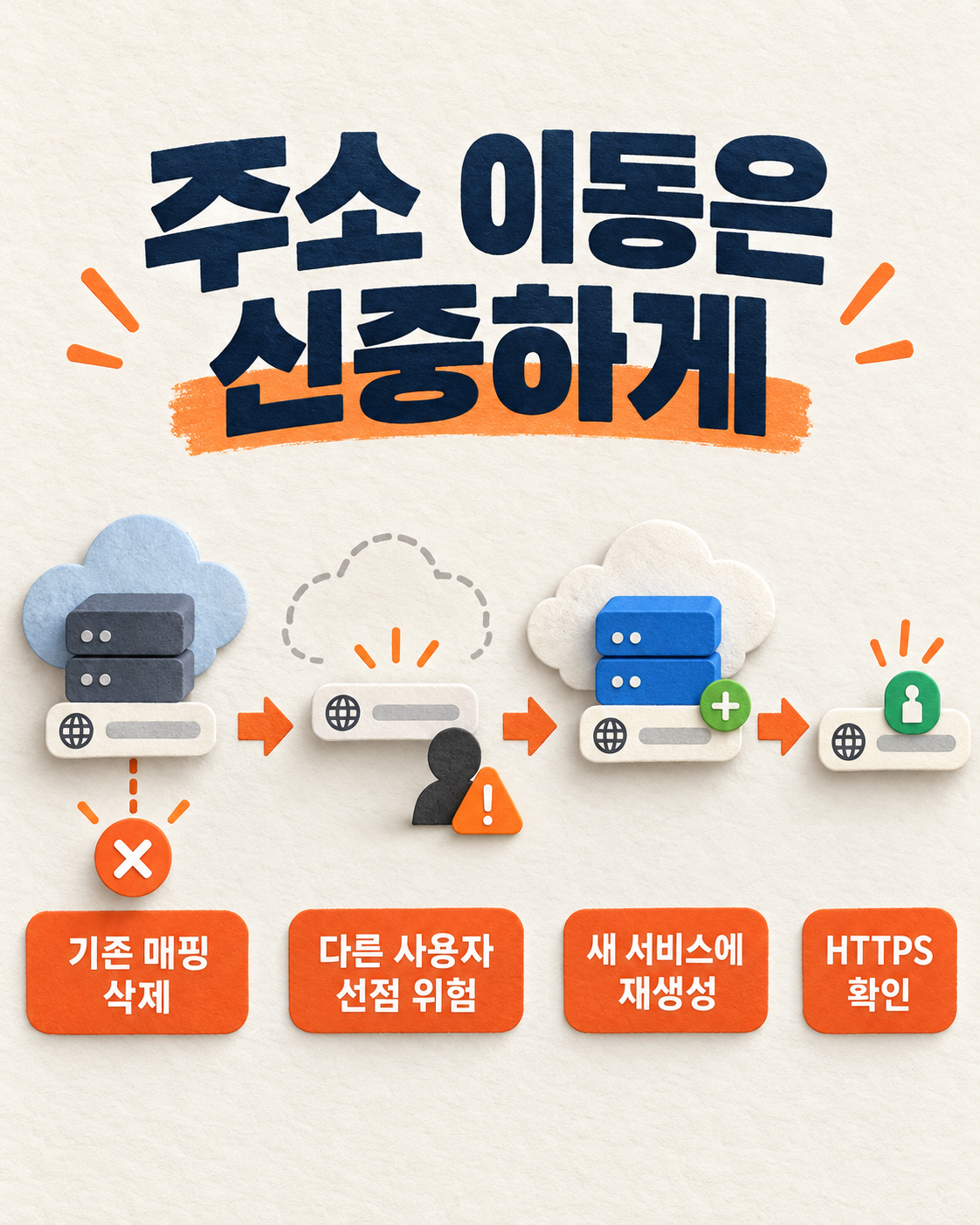 Cloud Run 커스텀 URL을 다른 서비스로 옮길 때 삭제·재생성과 주소 선점 위험을 나타낸 그림이다.