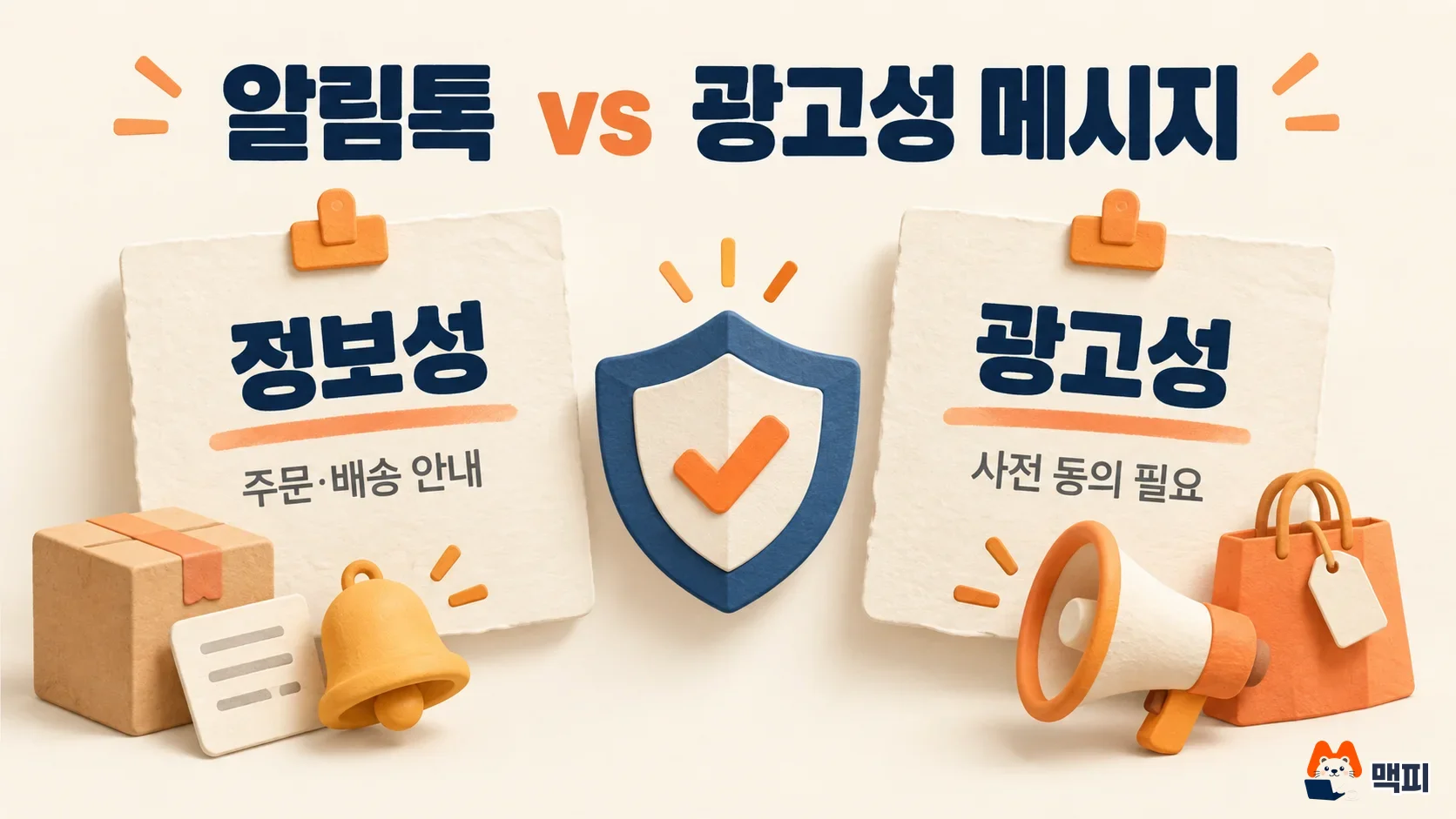 CRM 마케팅 메시지 발송 주의사항을 주문·배송 안내 같은 정보성 메시지와 사전 동의가 필요한 광고성 메시지로 나눈 도해