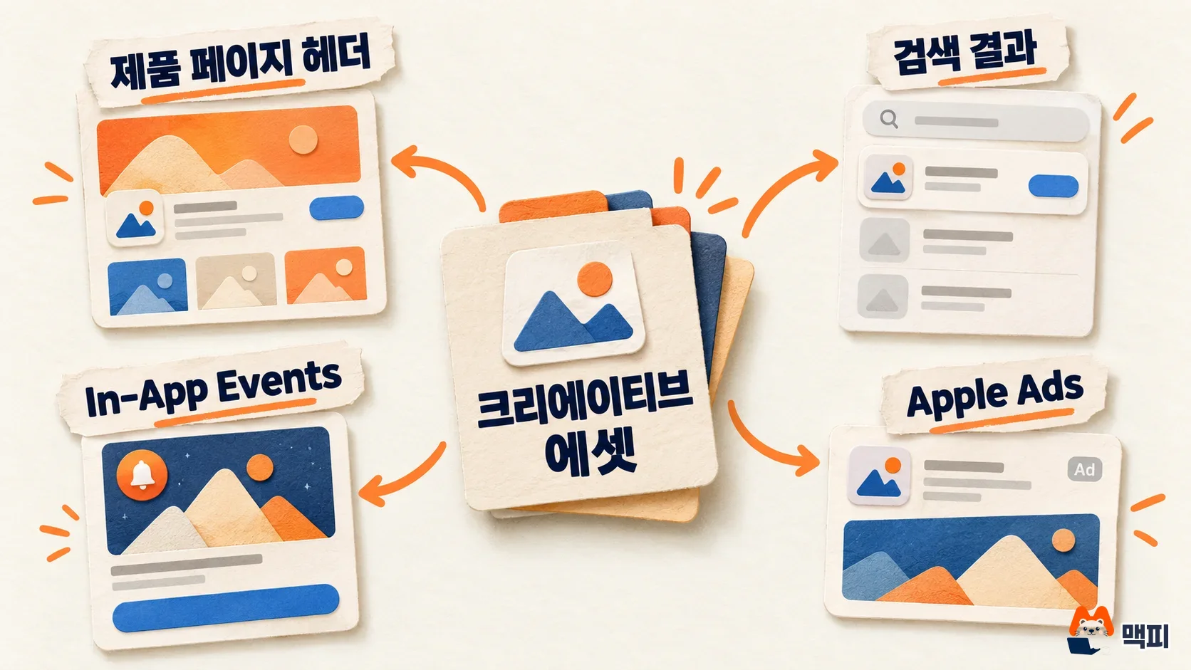 앱스토어 크리에이티브 에셋이 노출되는 위치: 제품 페이지 헤더, 검색 결과, In-App Events, Apple Ads