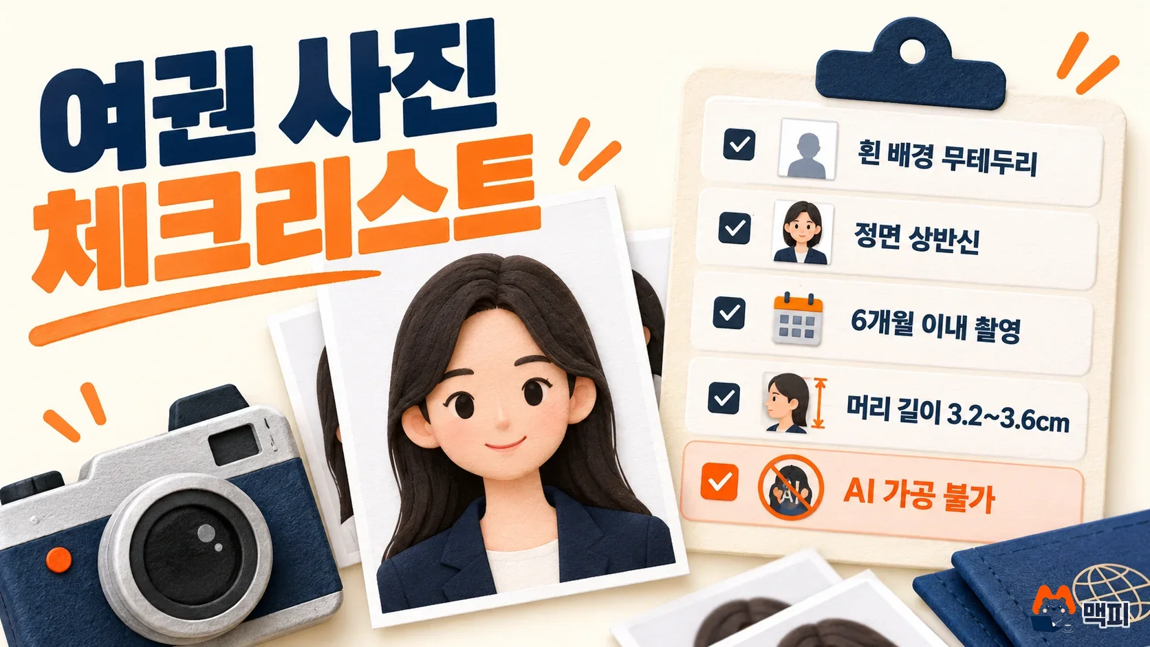 Checklist for preparing a real passport photo instead of an AI ID photo, including a white background and a head length of 3.2~3.6cm