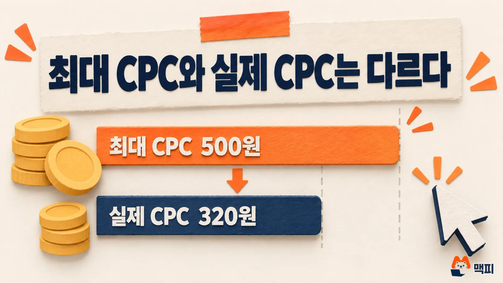 Max CPC vs actual CPC: a diagram showing an actual CPC of 320 KRW that is lower than the max CPC bid of 500 KRW