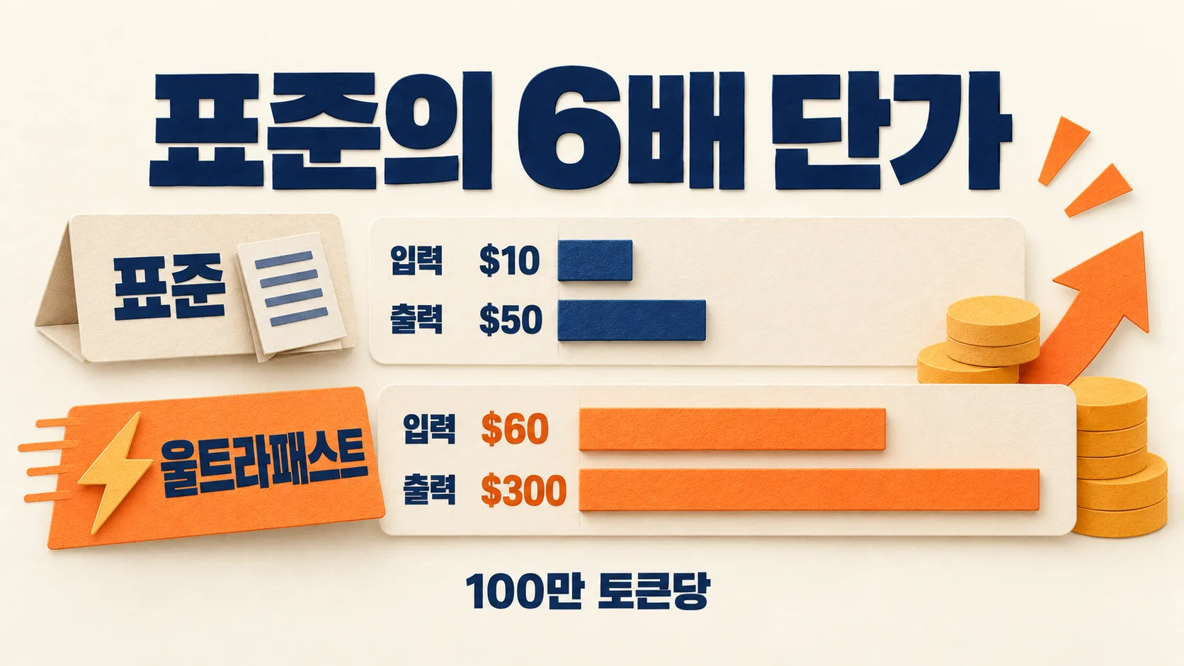GPT-6 아스트라 울트라패스트 가격을 표준 입력 10달러·출력 50달러와 울트라패스트 입력 60달러·출력 300달러로 비교한 막대 도해