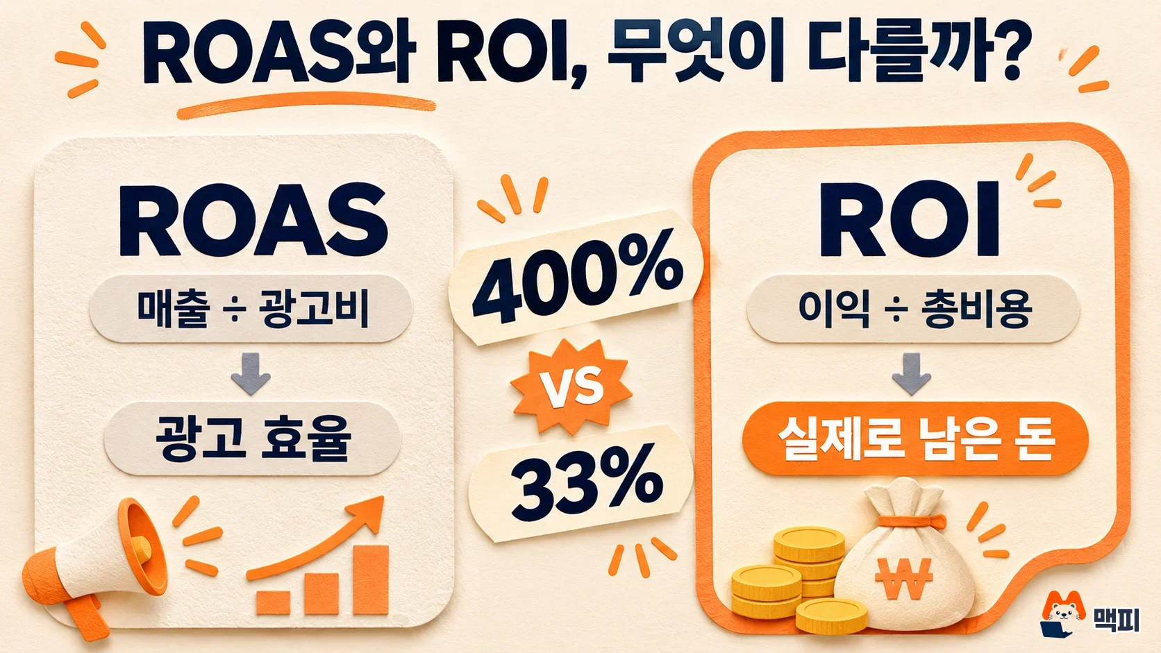 Marketing ROI diagram comparing the ROAS vs ROI difference: revenue against ad spend and profit against total cost