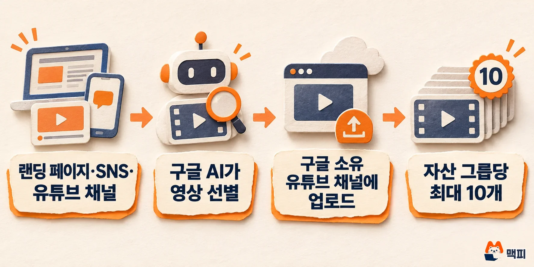 PMax 소스 영상이 랜딩 페이지와 유튜브 채널의 영상을 구글 소유 채널에 올려 자산 그룹에 넣는 흐름