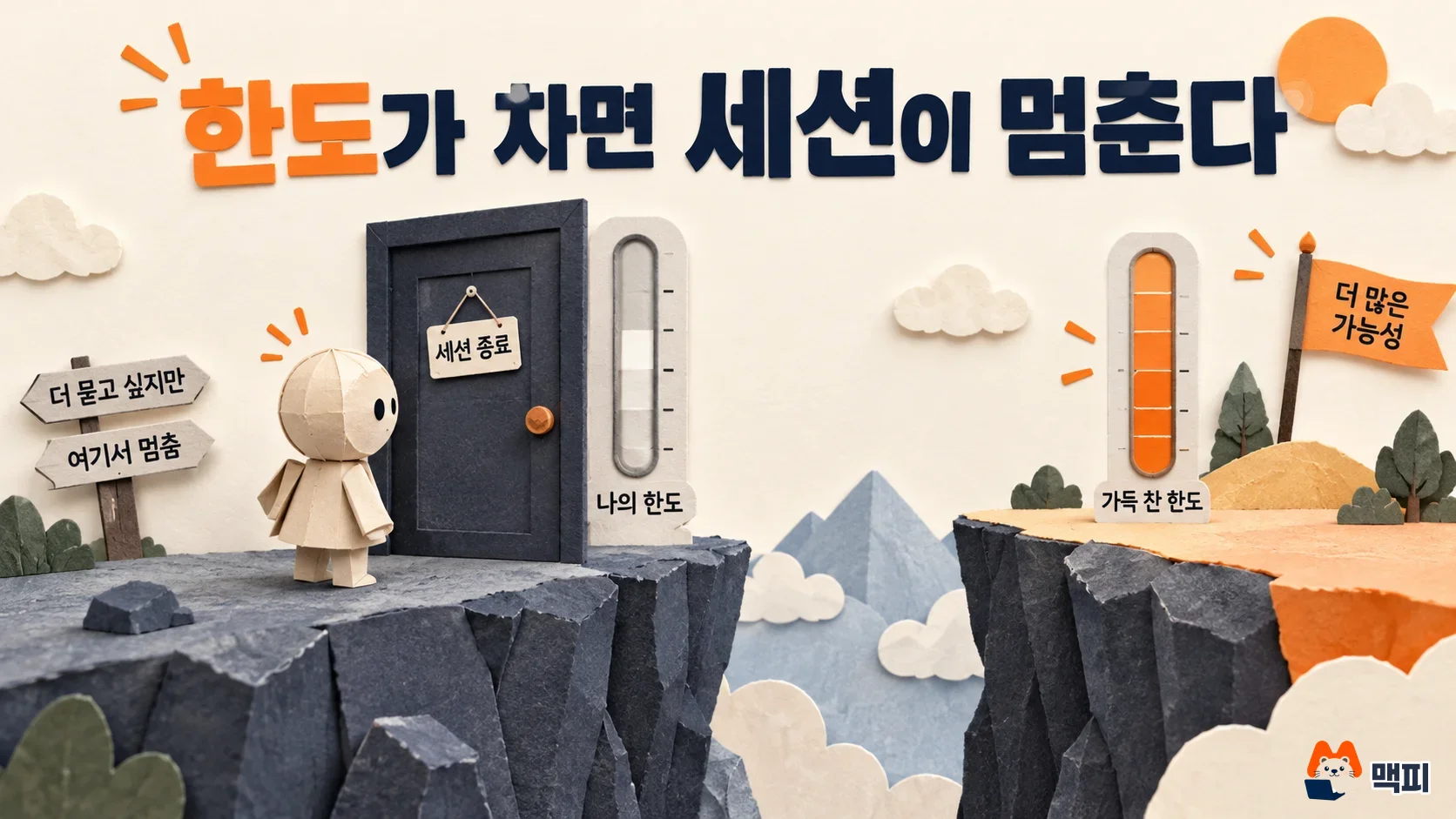 클로드 코드와 코덱스의 사용량 한도가 차서 세션이 멈춘 상황을 닫힌 문 앞의 종이 인형으로 그린 그림